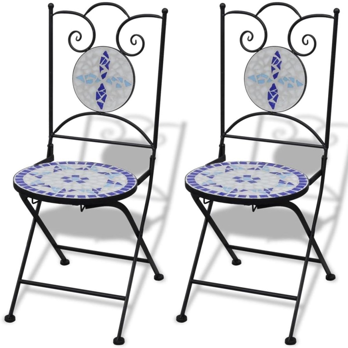 Set van 2 stoelen voor buiten, met mozaïekdesign, voor tuin, terras of balkon, 37 x 44 x 89 cm, blauw en wit