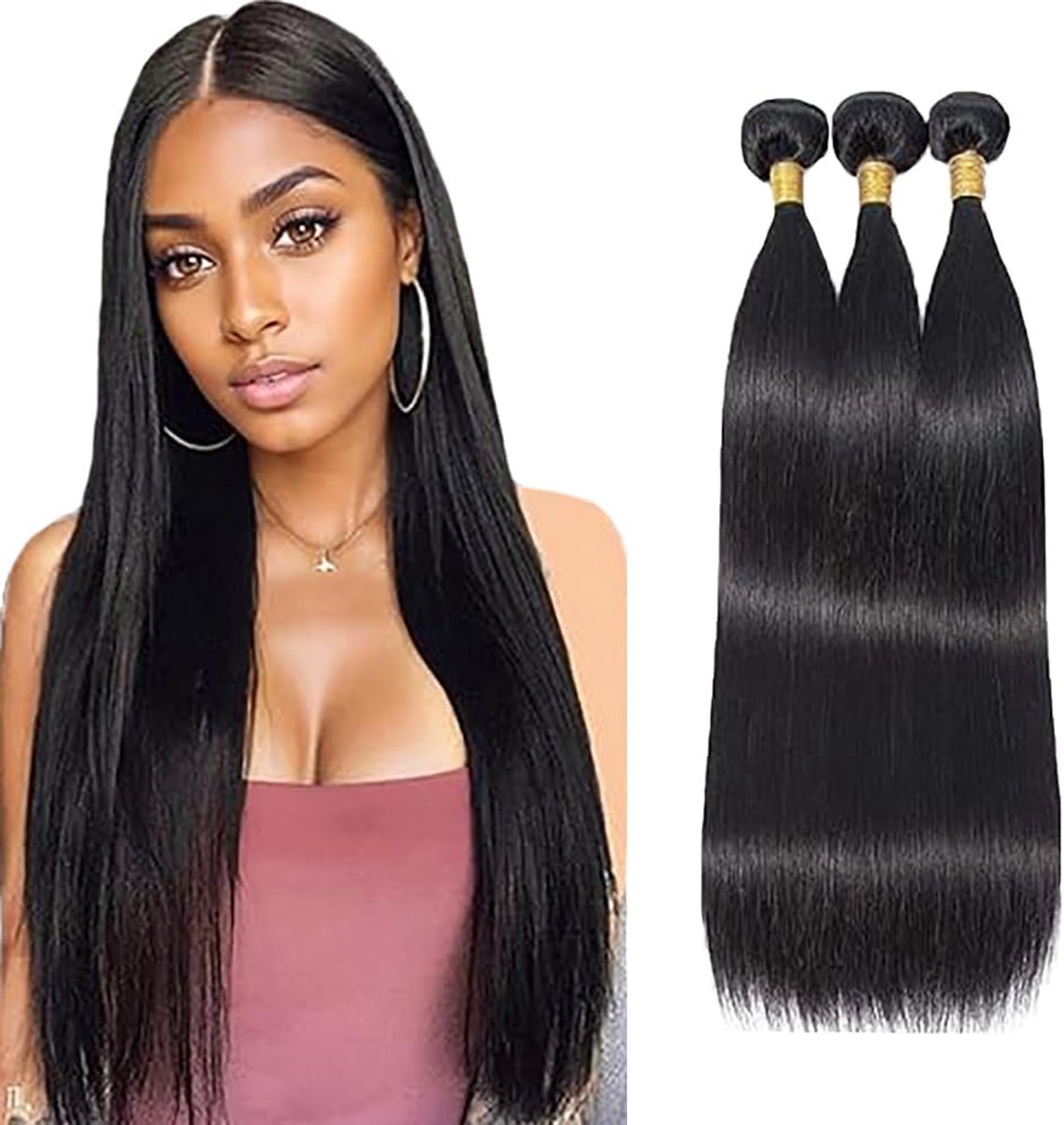 Hair Bundles Straight Menselijk Haar 3 Extension Unprocessed Raw Weave Double Weft Sew in Machine Real #1B Natural Black 50g /Piece for Women 26 26 26 Inch