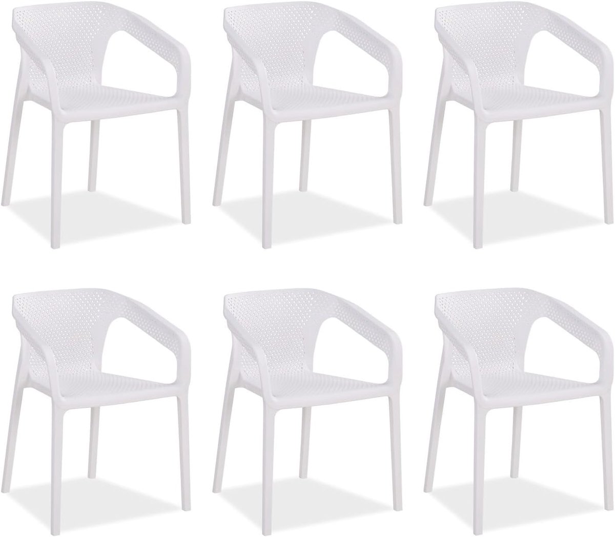 2696, tuinstoel, stapelbaar, kunststof, wit, set van 6 met armleuningen, weerbestendig, tuinmeubelen, stoelen, modern