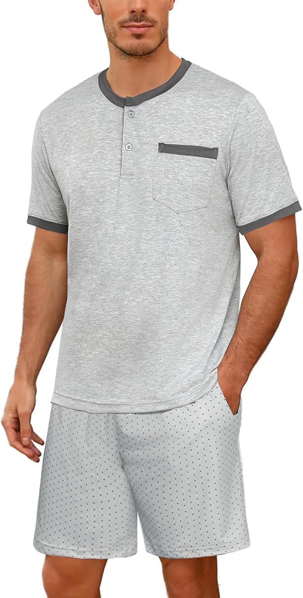 Pyjama heren korte pyjama heren zomer ronde hals pyjama voor heren knoop pyjama jongens nachtkleding mannen korte mouwen stippenpatroon