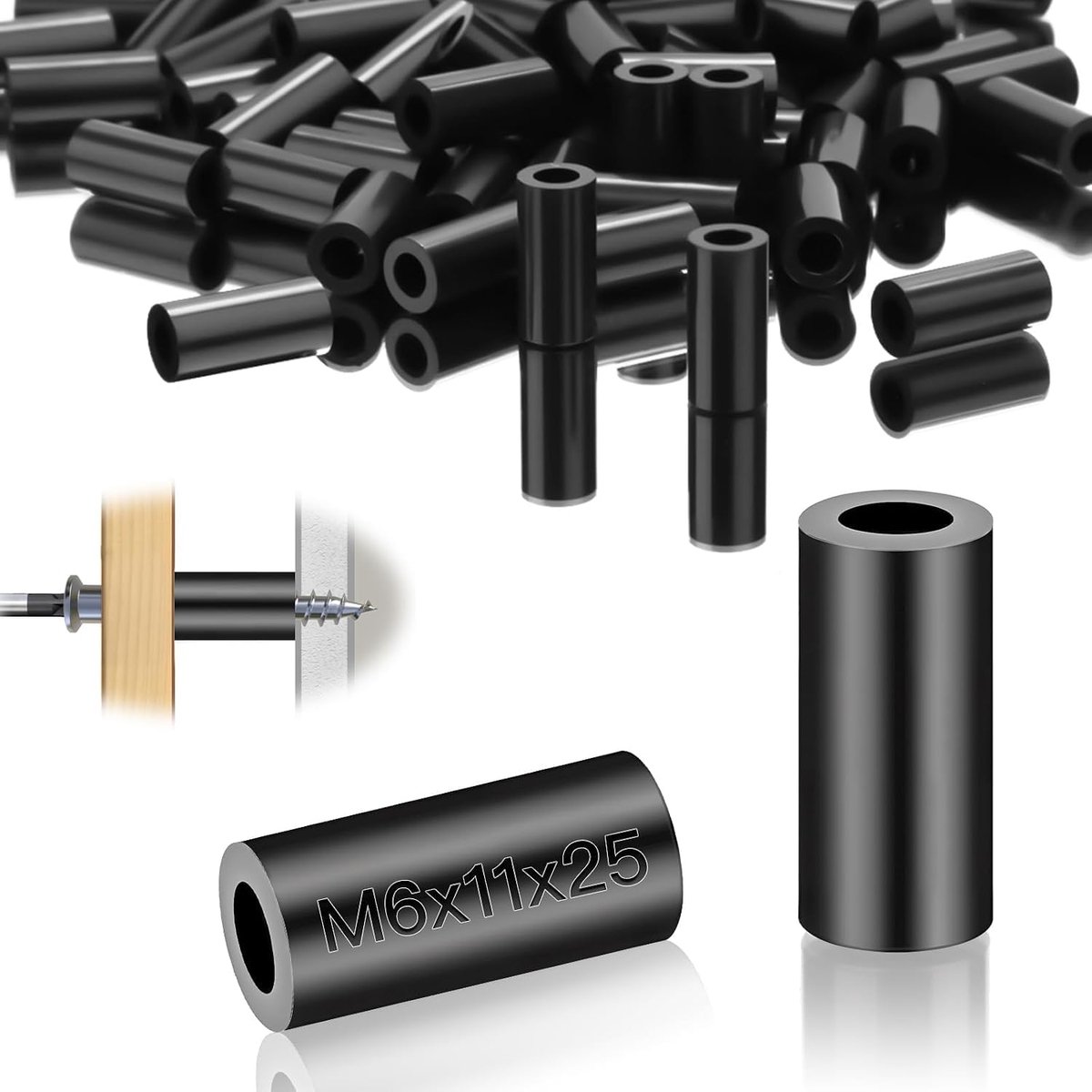 Kunststof afstandshulzen M6 ronde afstandhouders 50 stuks nylon sluitringen ABS rubber afstandhouders isolatie sluitringen 11 x 25 mm zwart afstandschijven voor M6 schroeven