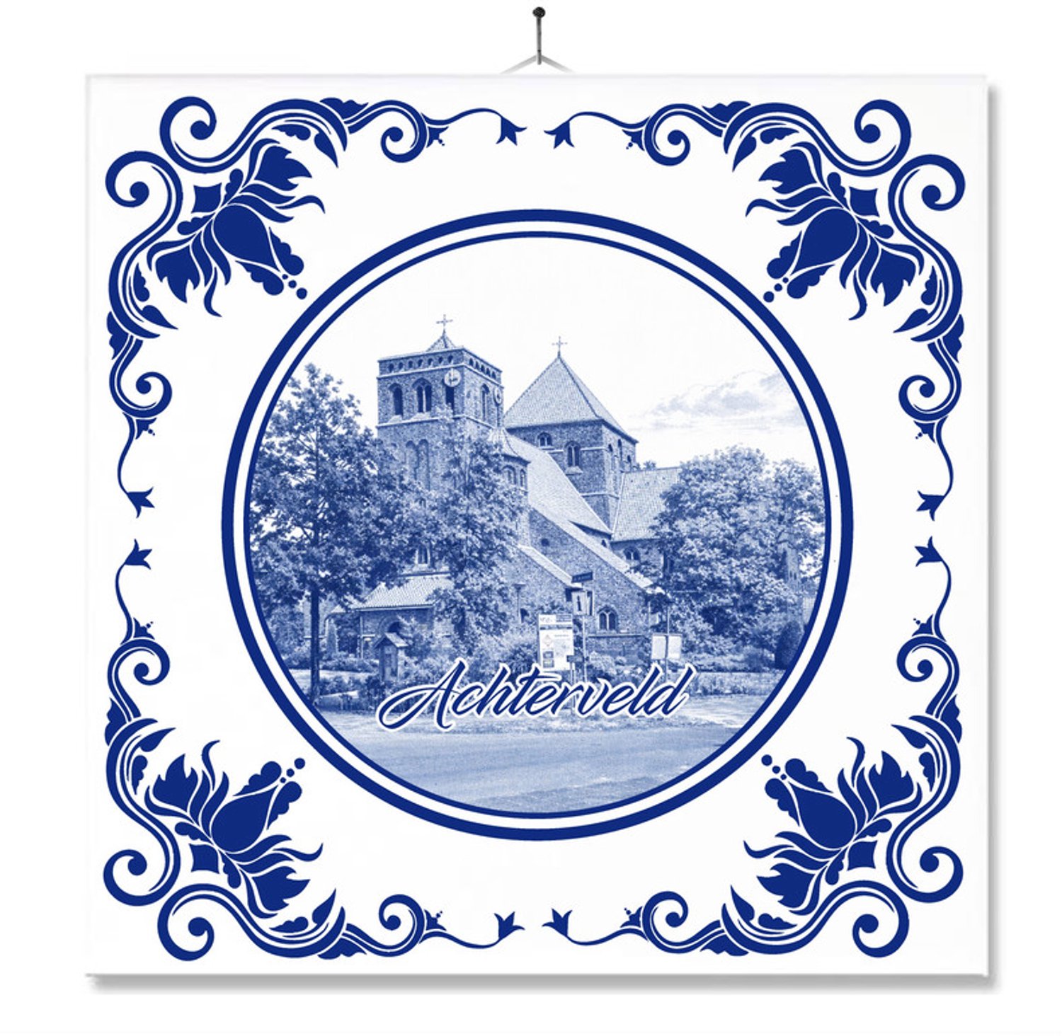 MC Living Tegel Met Opdruk | Achterveld | Delft Blauw | Cadeau | Inclusief Geschenkdoos | Standaard | Ophangsysteem Ontwerp 2