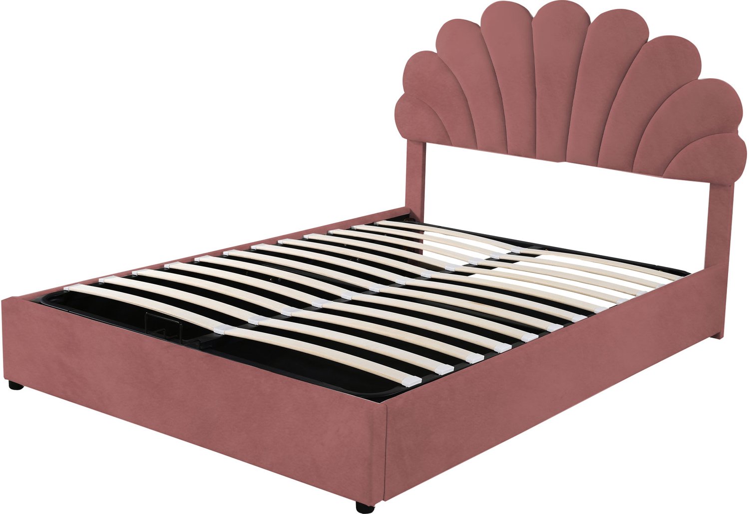 MUVANO Gestoffeerd bed 140 x 200 cm met bloemmotief op het hoofdbord, verstelbaar hoofdbord, lattenbodem en hydraulische opbergruimte, roze fluweel