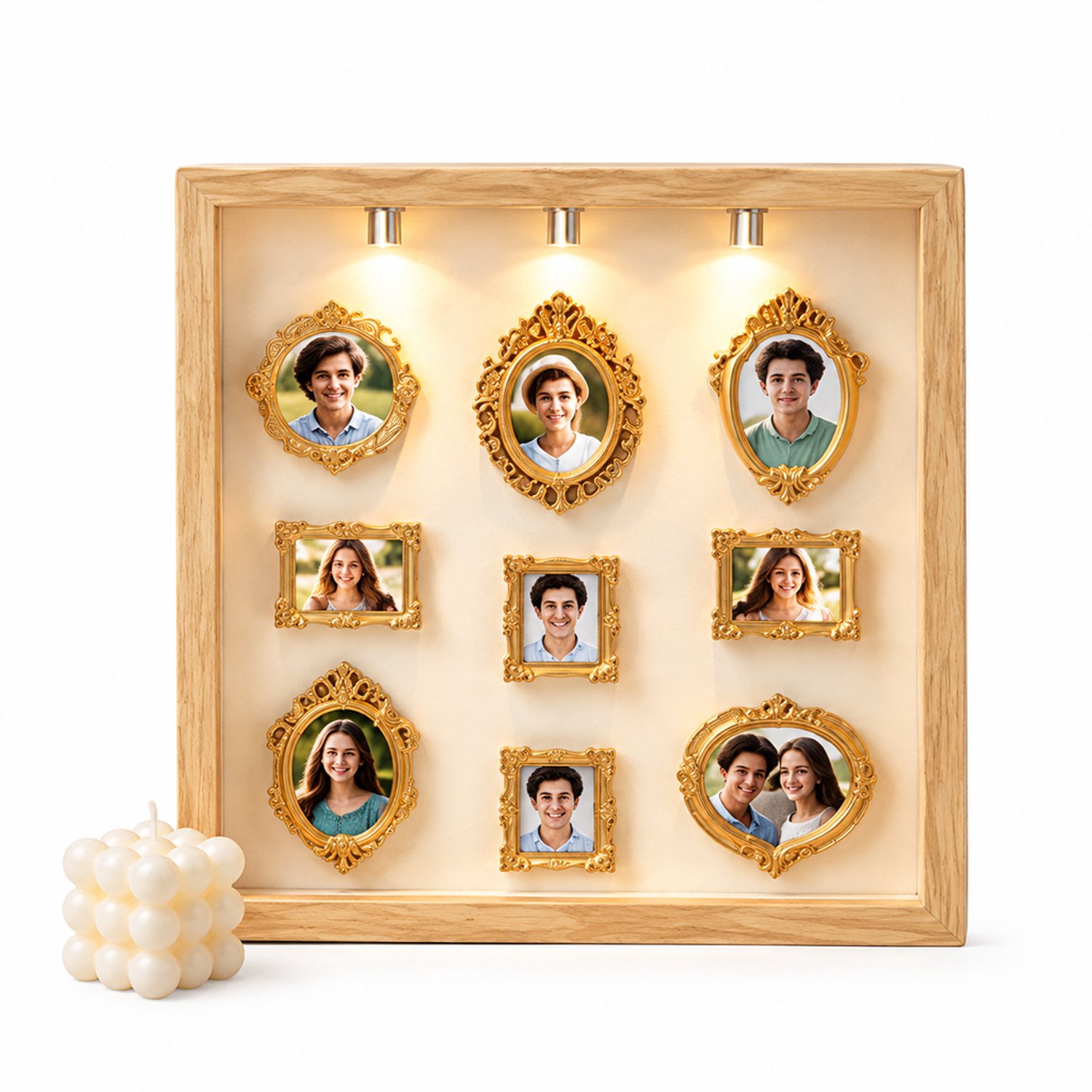 SWGOTA Witte vierkante MDF-displaylijst met 2 lampjes, binnenmaat 20,3 × 20,3 × 3 cm, voor op tafel