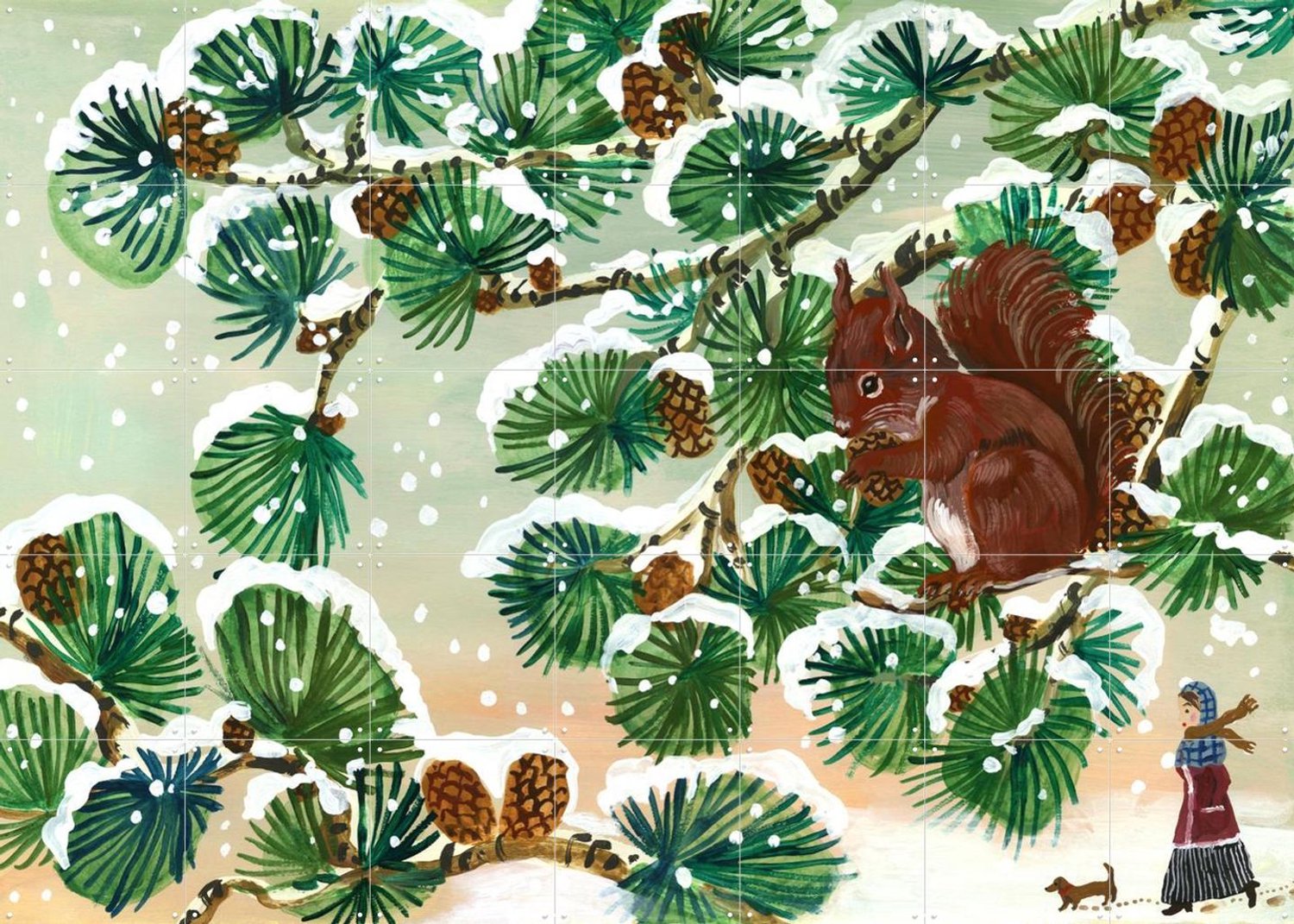 IXXI Promenade En Hiver, Nathalie Lété - 140 x 100 cm - Grote wanddecoratie en posters - Illustraties, Woonkamer, Winter, Sneeuw Groen