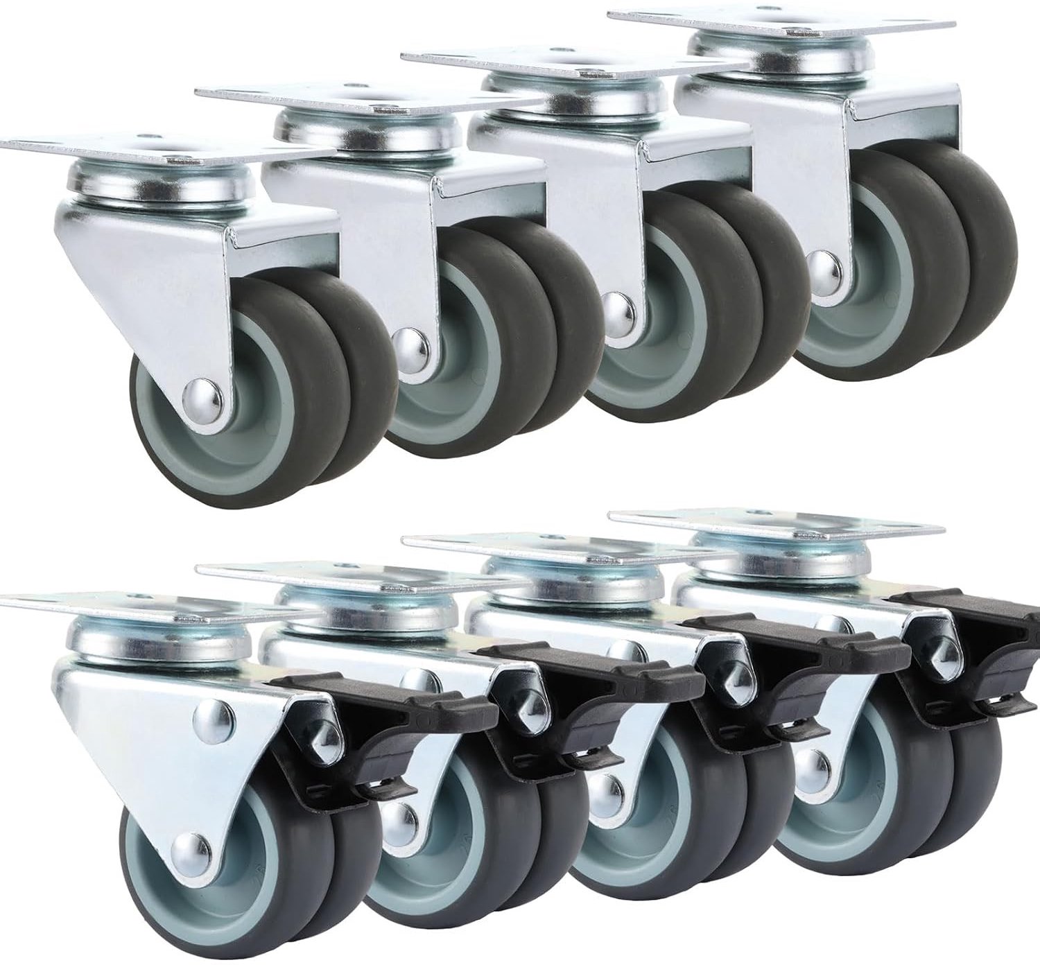 Set van 8 Zware Meubelwielen 50 mm met Remmen voor Binnen en Buiten, Draaibare Dubbele Wielen tot 220 kg, Ideaal voor Meubels en Transport