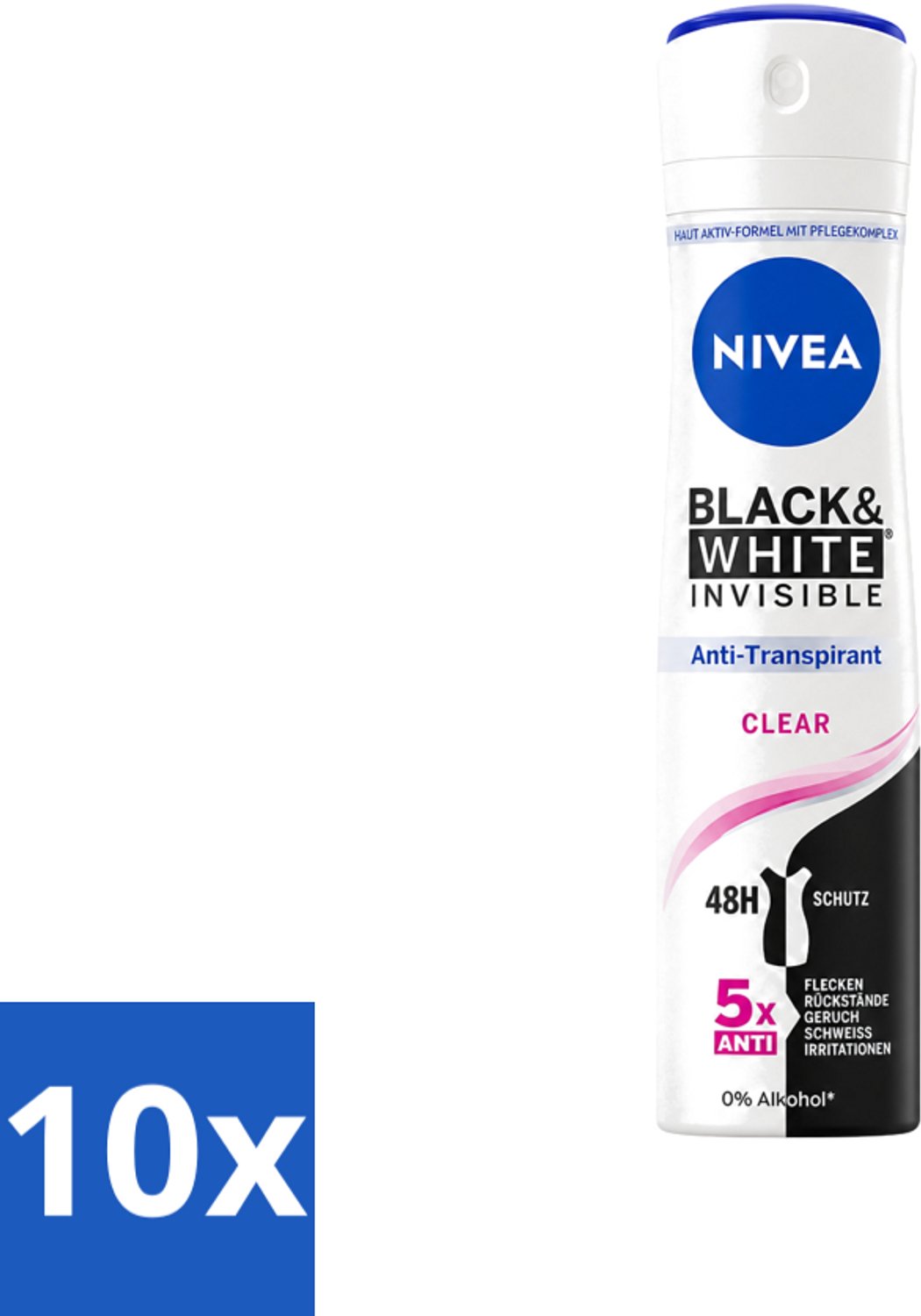 10 x Nivea - Deodorant - Spray - Black & White Invisible Clear - Anti-Transpirant - 150 ml - Voordeelverpakking - 10 stuks