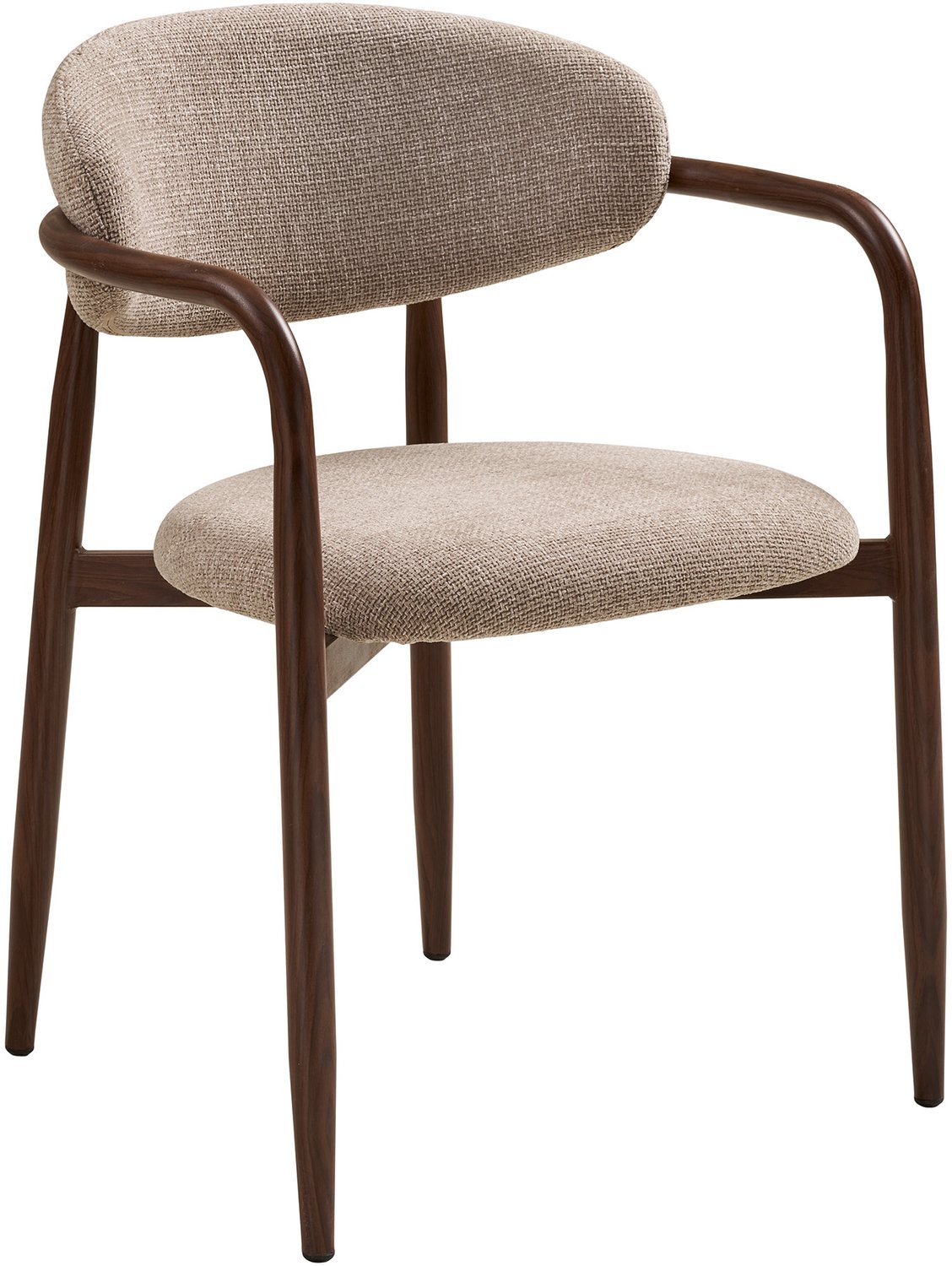 Riva eetkamerstoel met armleuningen, walnootdecor, stof in zandkleur.