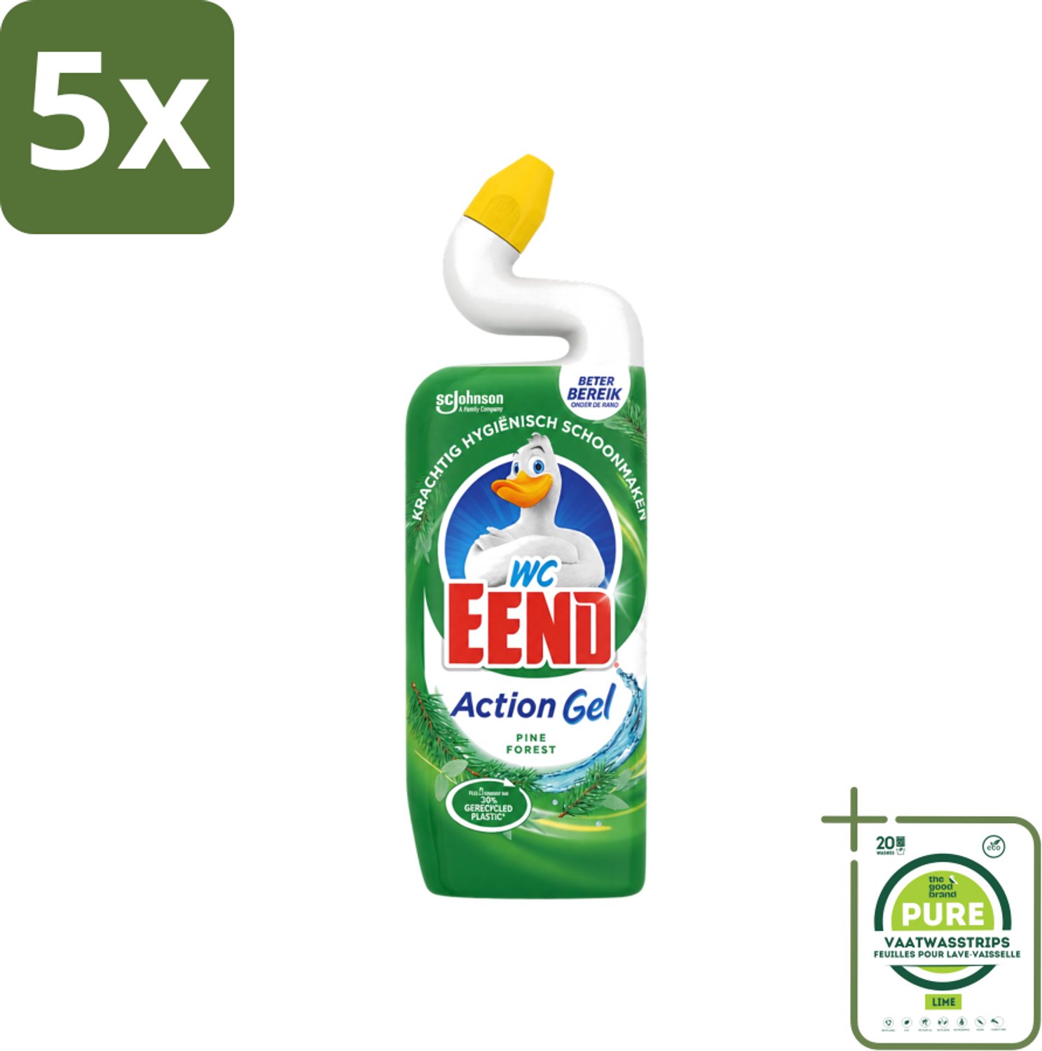 5 x WC Eend - Toiletreiniger - Action Gel - Pine Forest - Krachtige Reiniging & Frisse Dennengeur - 750 ml - Grootverpakking - Vaatwasstrips - Toiletreiniger - Reinigingsgel - Kalkverwijdering - Urinesteen - Fris Ruiken