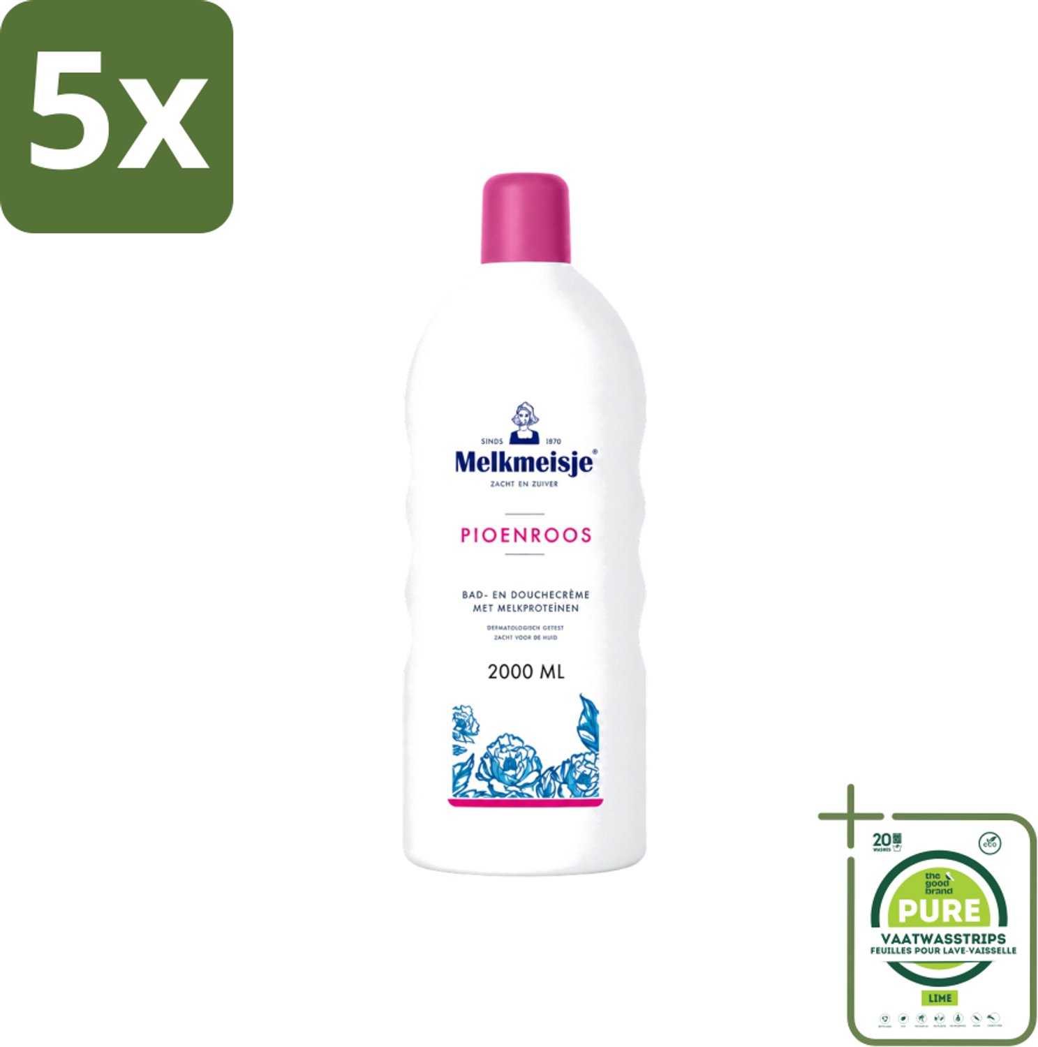 5 x Melkmeisje - Bad & Douche - Pioenroos Geur - Verzorgend & Hydraterend - 2000 ml - Grootverpakking - Vaatwasstrips - Douchecrème - Melkmeisje - Pioenroos - Huidverzorging - Melkproteïnen