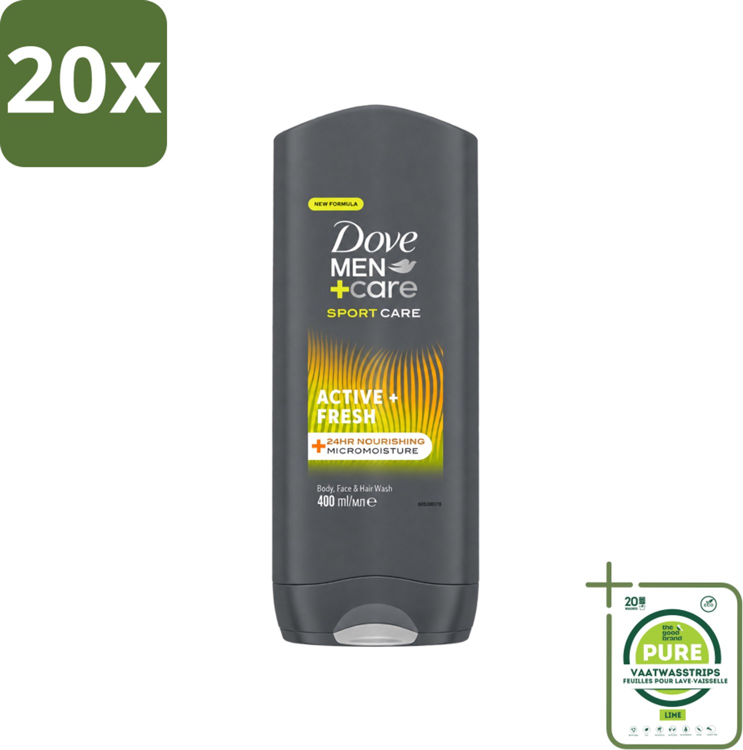 20 x Dove - Douchegel - Men+ Care Active Fresh - Verfrissend en langdurige bescherming - 400 ml - Grootverpakking - Vaatwasstrips - Douchegel - Frisse Geur - Actieve Mannen - Energie - Huidverzorging