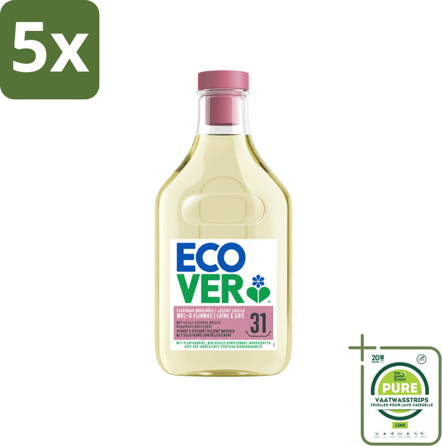 5 x Ecover - Vloeibaar Wasmiddel - Wol & Fijn Was - Waterlelie & Groene Meloen - 31 Wasbeurten - 1.43 L - Grootverpakking - Vaatwasstrips - Wasmiddel Wol En Fijn - Fijne Was - Delicate Stoffen - Milieuvriendelijk Wasmiddel - Plantbased Wasmiddel