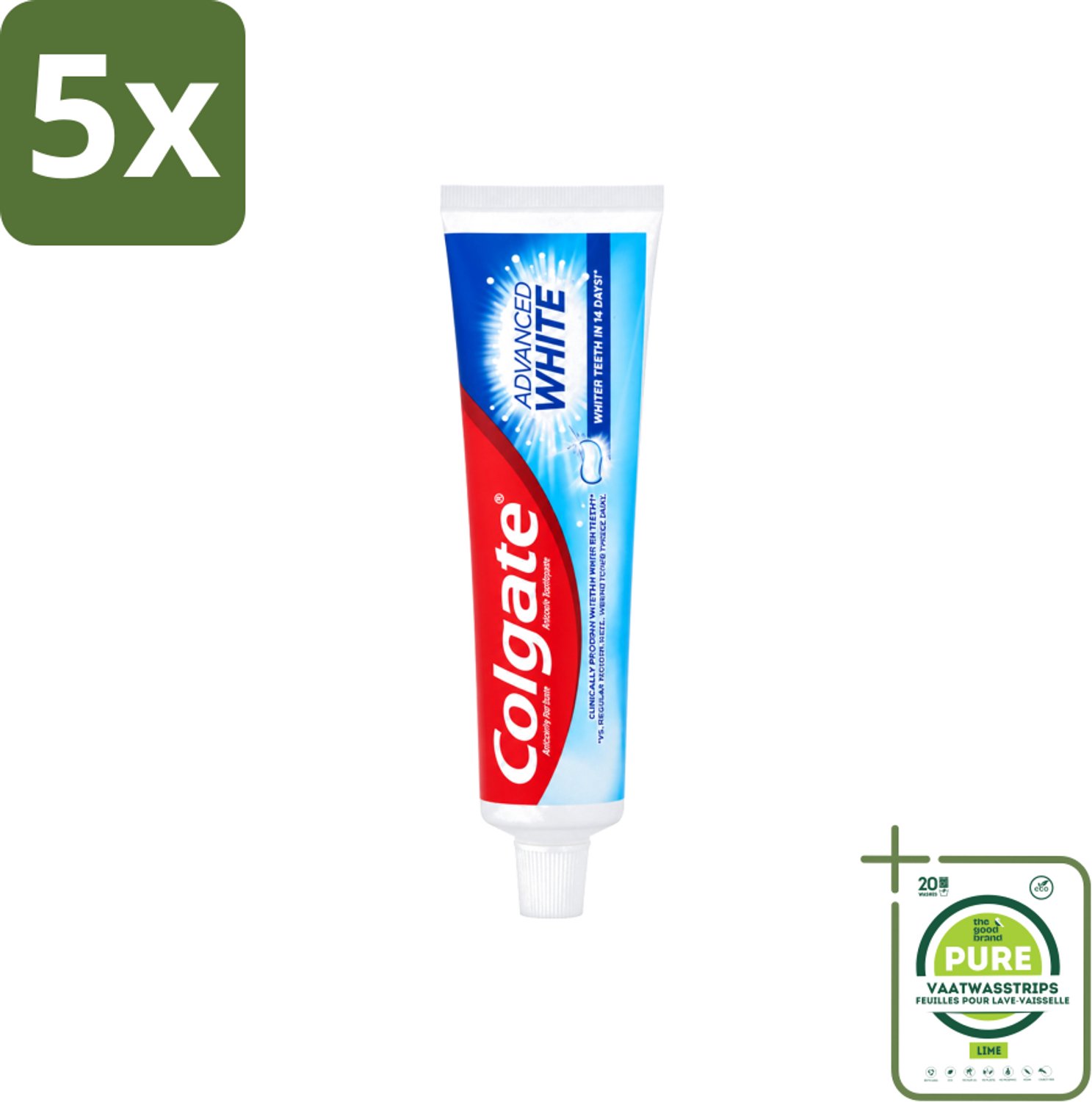 5 x Colgate - Advanced White - Tandpasta - 100ml - Grootverpakking - Vaatwasstrips - Tandpasta - Witte Tanden - Vlekverwijdering - Tandbederf - Gaatjes