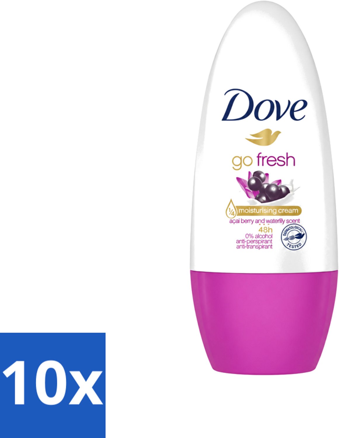 10 x Dove - Deodorant - Roller Go Fresh Acai Berry & Waterlily - Frisse geur - 50 ml - Voordeelverpakking - 10 stuks