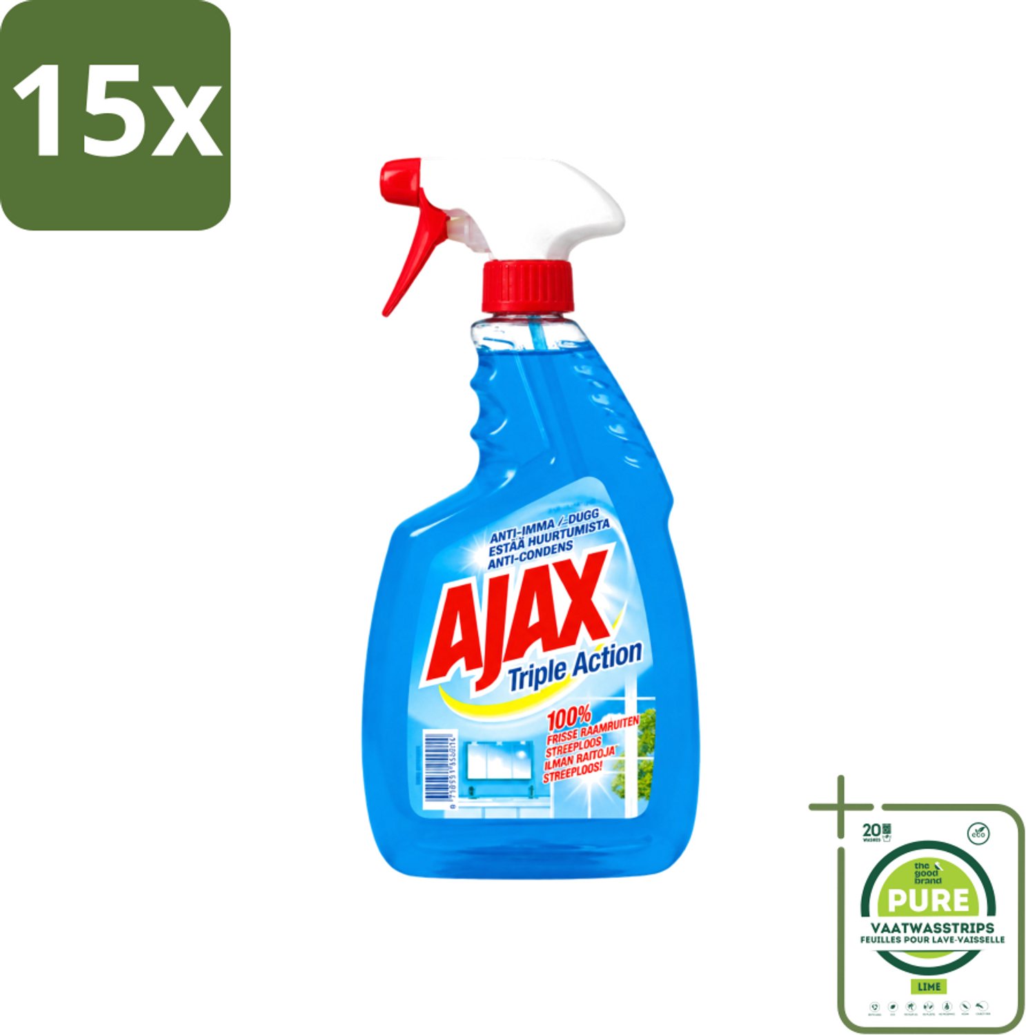 15 x Ajax - Glasreiniger Spray - Triple Action - Streeploos Schoon - Anti-Condens - 750 ml - Grootverpakking - Vaatwasstrips - Glas Reinigen - Ramen Reinigen - Glas Reiniger - Schone Ramen - Glas Reiniger Spray