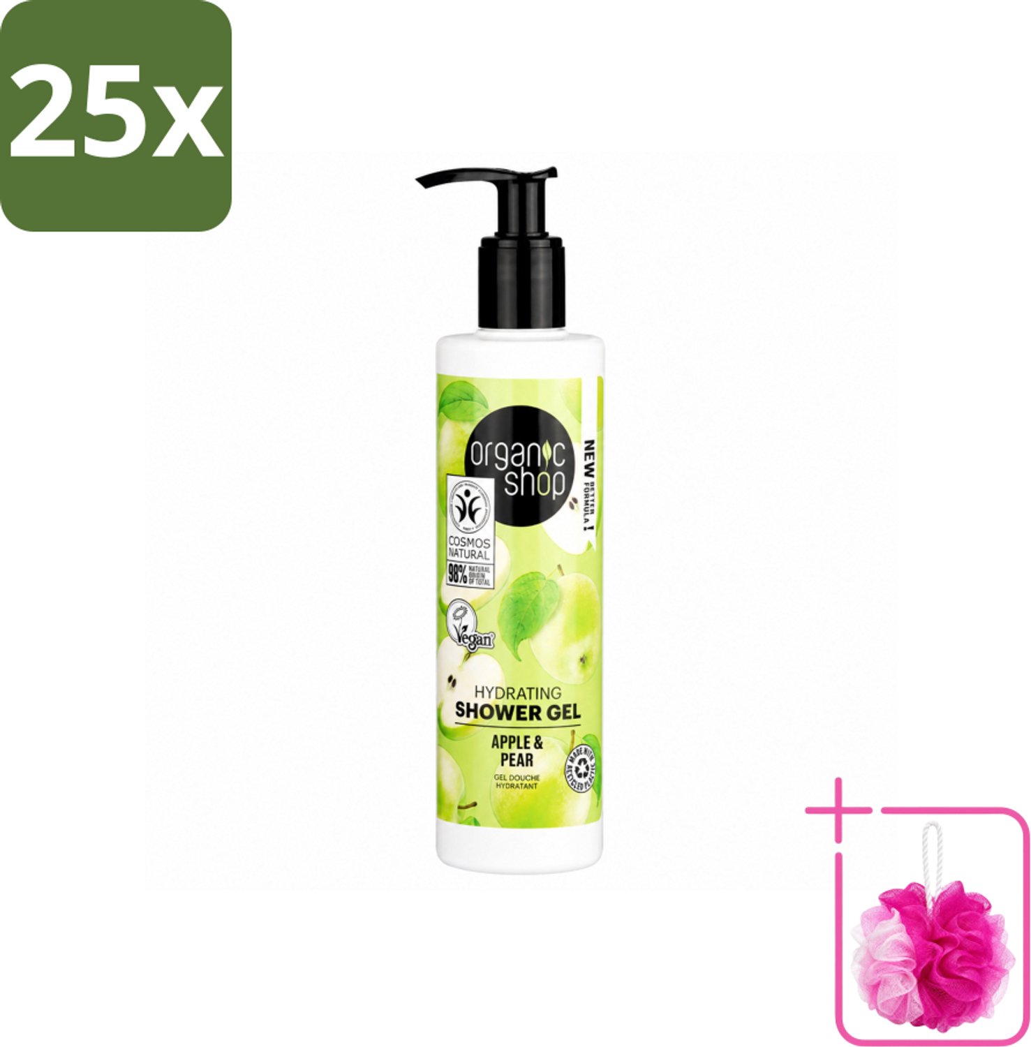 25 x Organic Shop - Douchegel Apple & Pear - Verfrissend en Hydraterend - 280 ml - Bulkverpakking - Douchegel - Douchemop - Natuurlijke douchegel