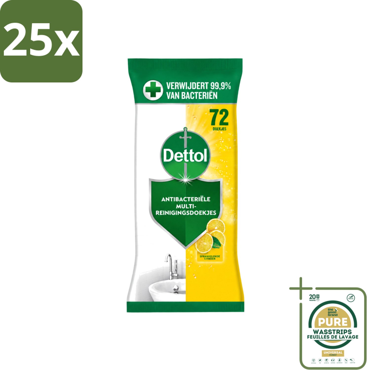 25 x Dettol - Reinigingsdoekjes - Sprankelende Citroen - 99,9% Bacterieverwijdering - 72 Doekjes - Wasstrips - Reinigingsdoekjes - Hygiëne - Bacterieverwijdering - Citroengeur - Schone Omgeving