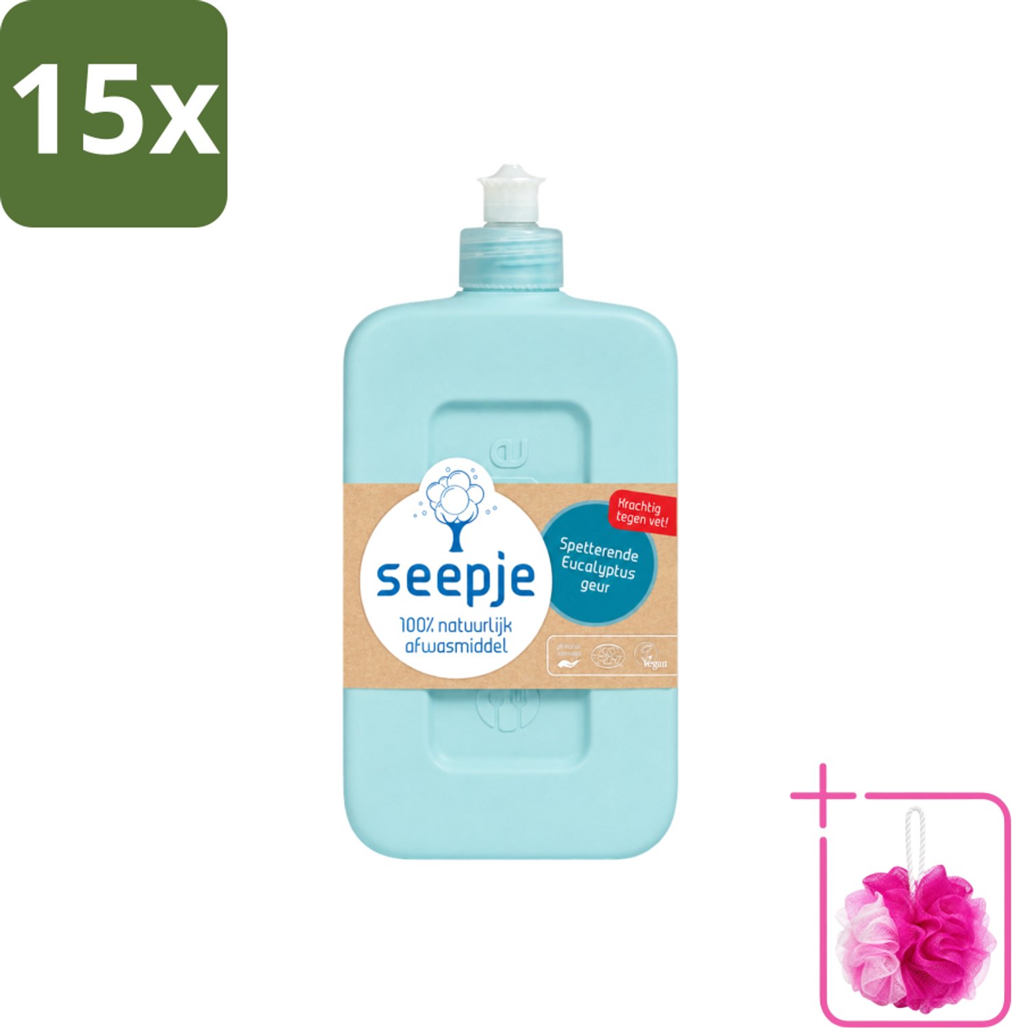 15 x Seepje - Afwasmiddel - Verfrissend & Zacht voor de Handen - Spetterende Eucalyptus - 500 ml - Bulkverpakking - Afwasmiddel - Douchemop - Eucalyptus
