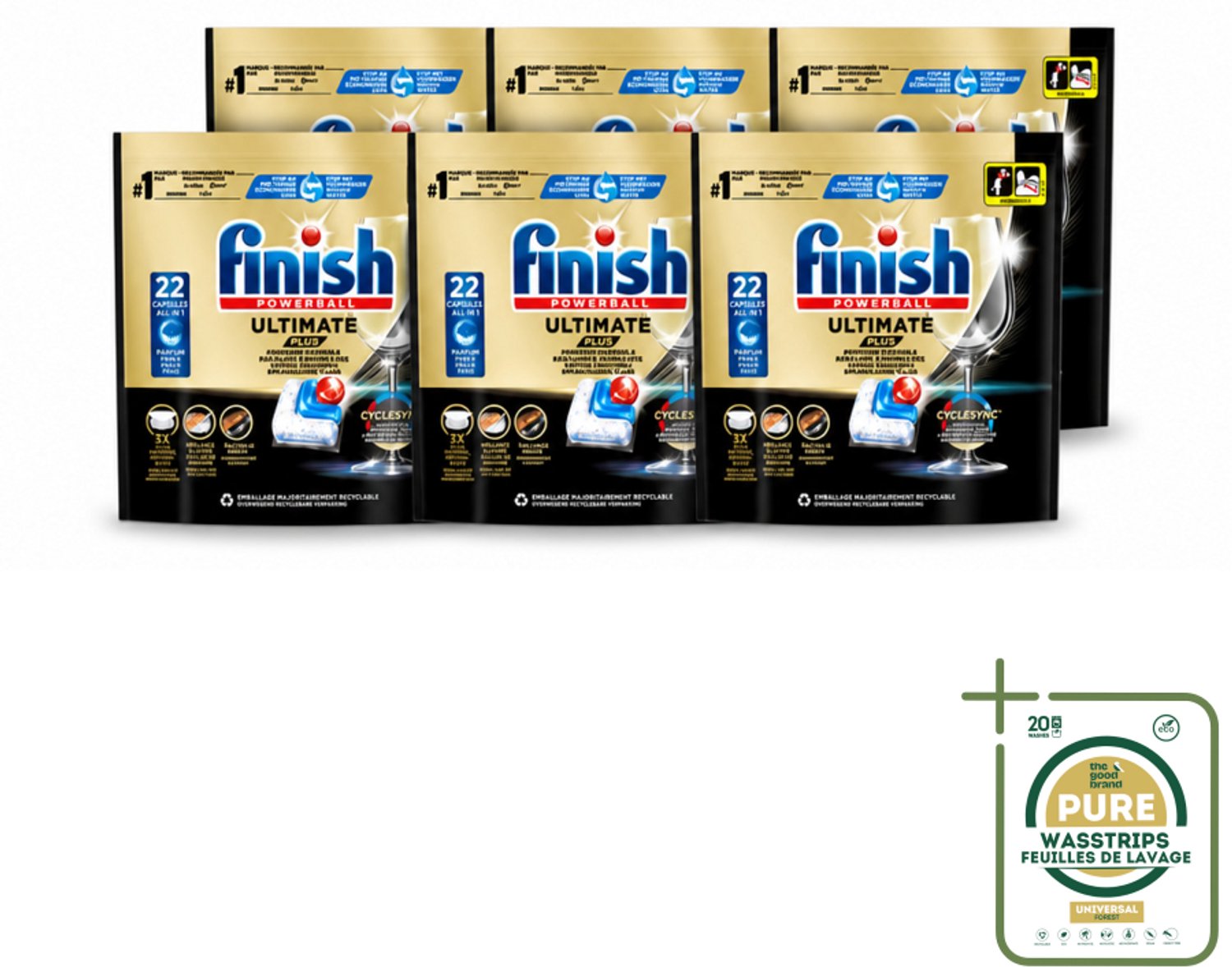 6 x Finish - Vaatwasmiddel - Ultimate Plus Vaatwastabletten Regular - Krachtige Alles-in-1 Reiniging - 22 capsules - Wasstrips - Vaatwasmiddel - Vaatwastablet - Reinigingsmiddel - Glans - Vaatwas
