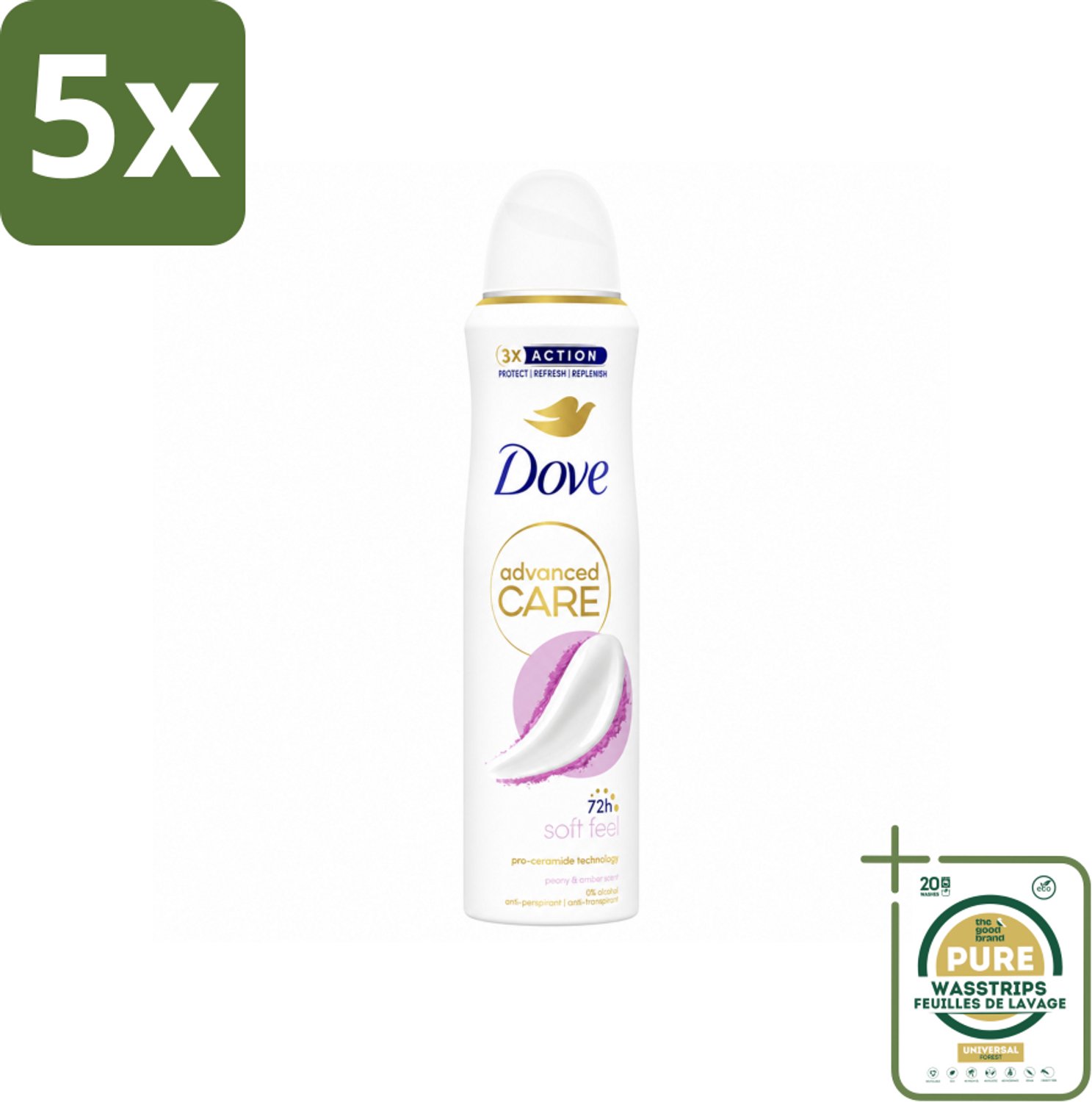 5 x Dove Deodorant Spray - Soft Feel - 150 ml - Wasstrips - Dove Deodorant Spray Soft Feel - Anti-transpirant - Zweetvermindering - Geur - Okselverzorging
