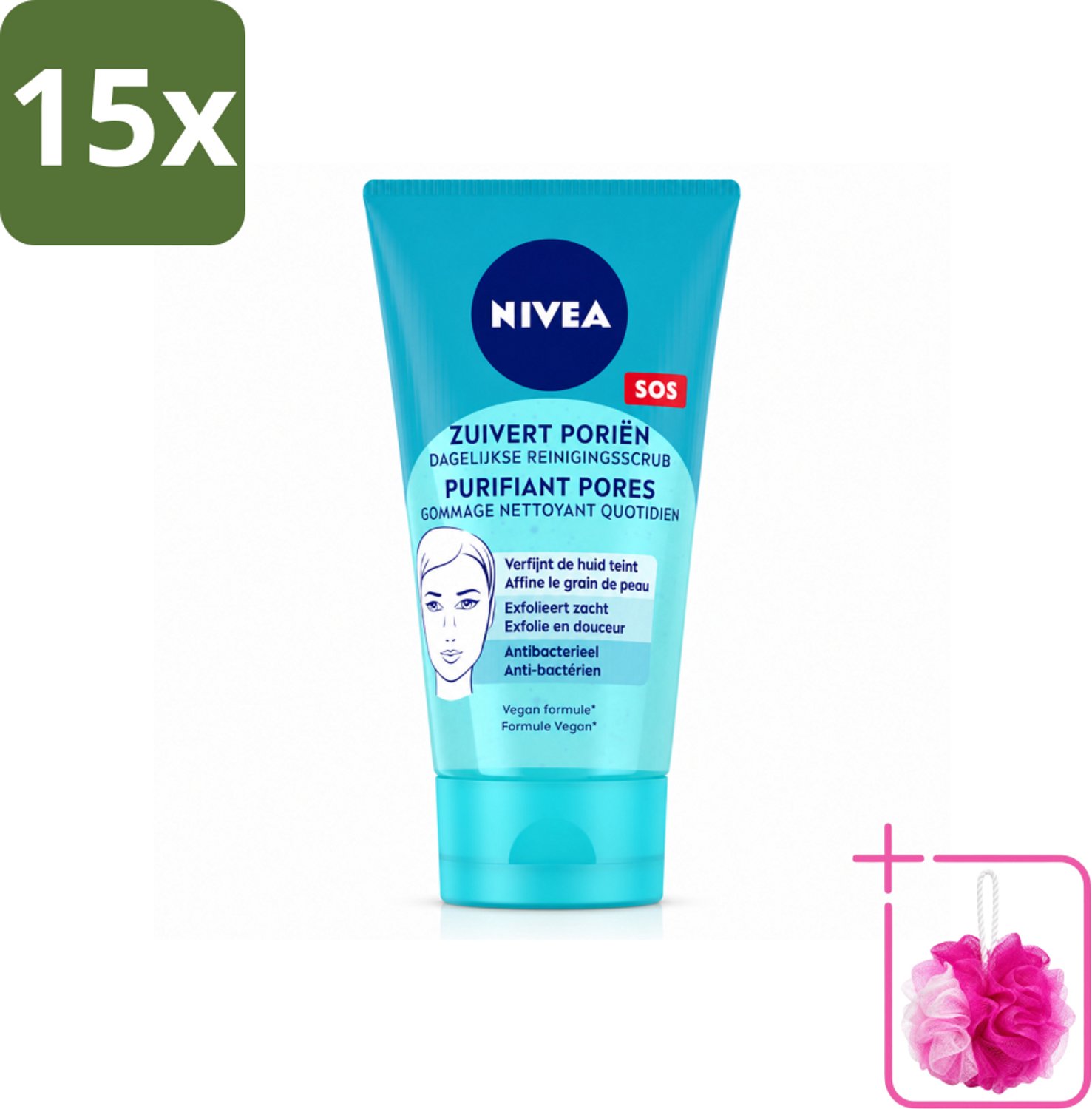 15 x NIVEA - Reinigingsscrub - Essentials Dagelijkse Scrub - Voor onzuivere huid - Met Melkzuur & Magnolia-extract - 150 ml - Bulkverpakking - Gezichtsreiniging - Douchemop - Huidscrub