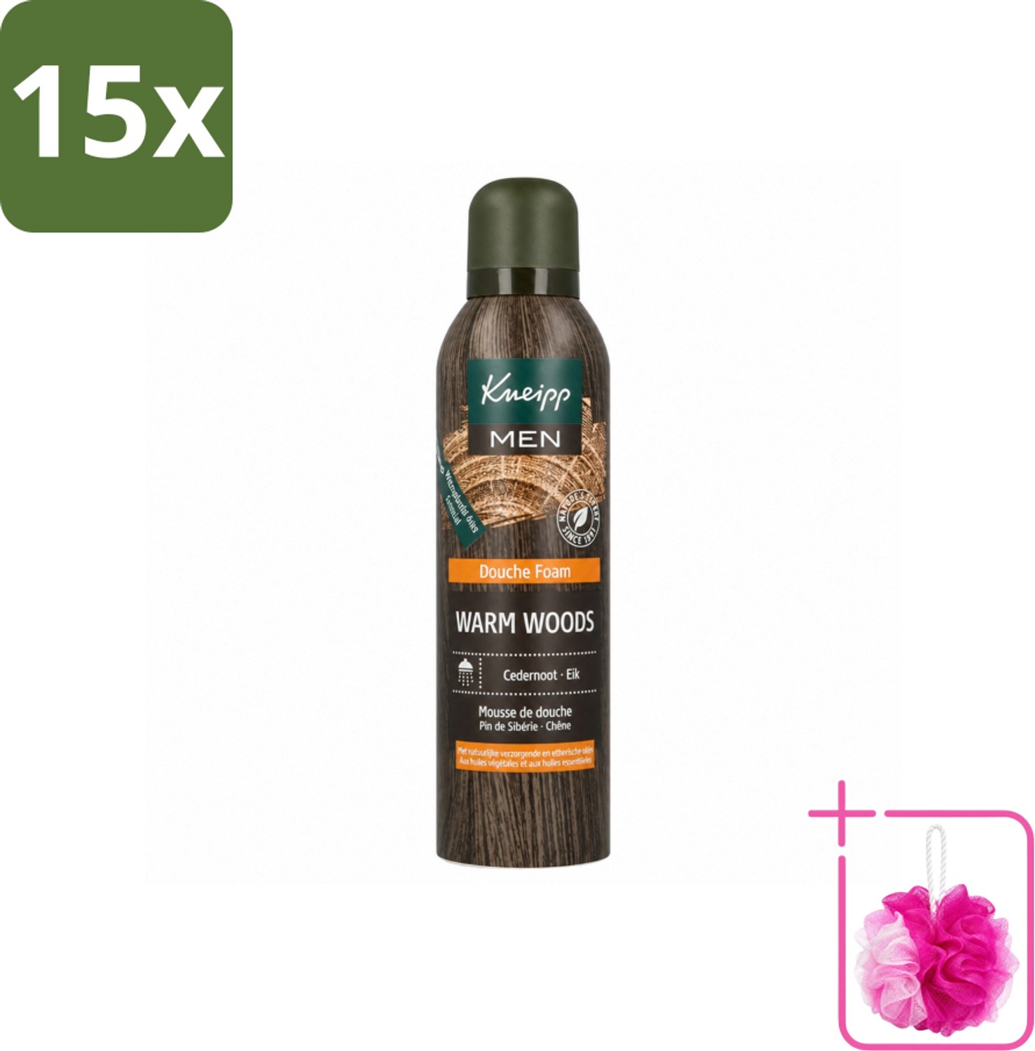 15 x Kneipp - Douche schuim - Men - Warm Woods - Warme houtgeur - 200 ml - Bulkverpakking - Douche foam - Douchemop - Warme houtgeur