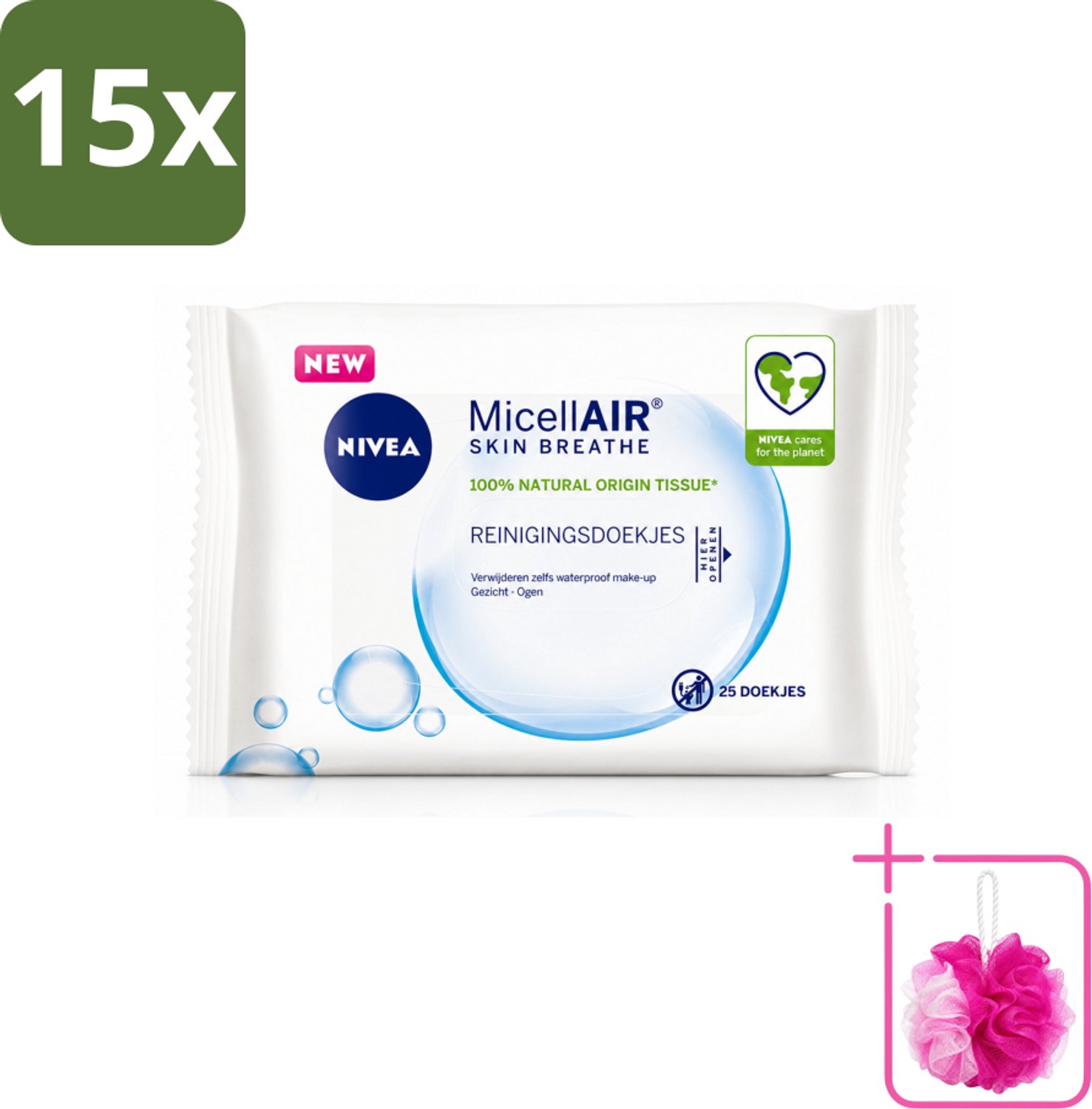 15 x NIVEA - Reinigingsdoekjes - 3-in-1 Micellaire Doekjes - Verwijdert Waterbestendige Make-up - 25 Doekjes - Bulkverpakking - Reinigingsdoekjes - Douchemop - Huidverzorging