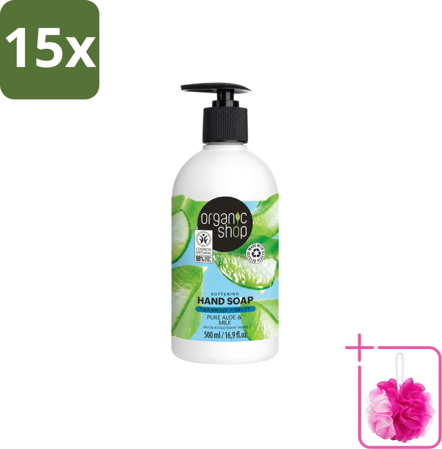 15 x Organic Shop - Handzeep Aloe & Milk - Verzachtend en Hydraterend - 500 ml - Bulkverpakking - Handzeep - Douchemop - Natuurlijke handzeep