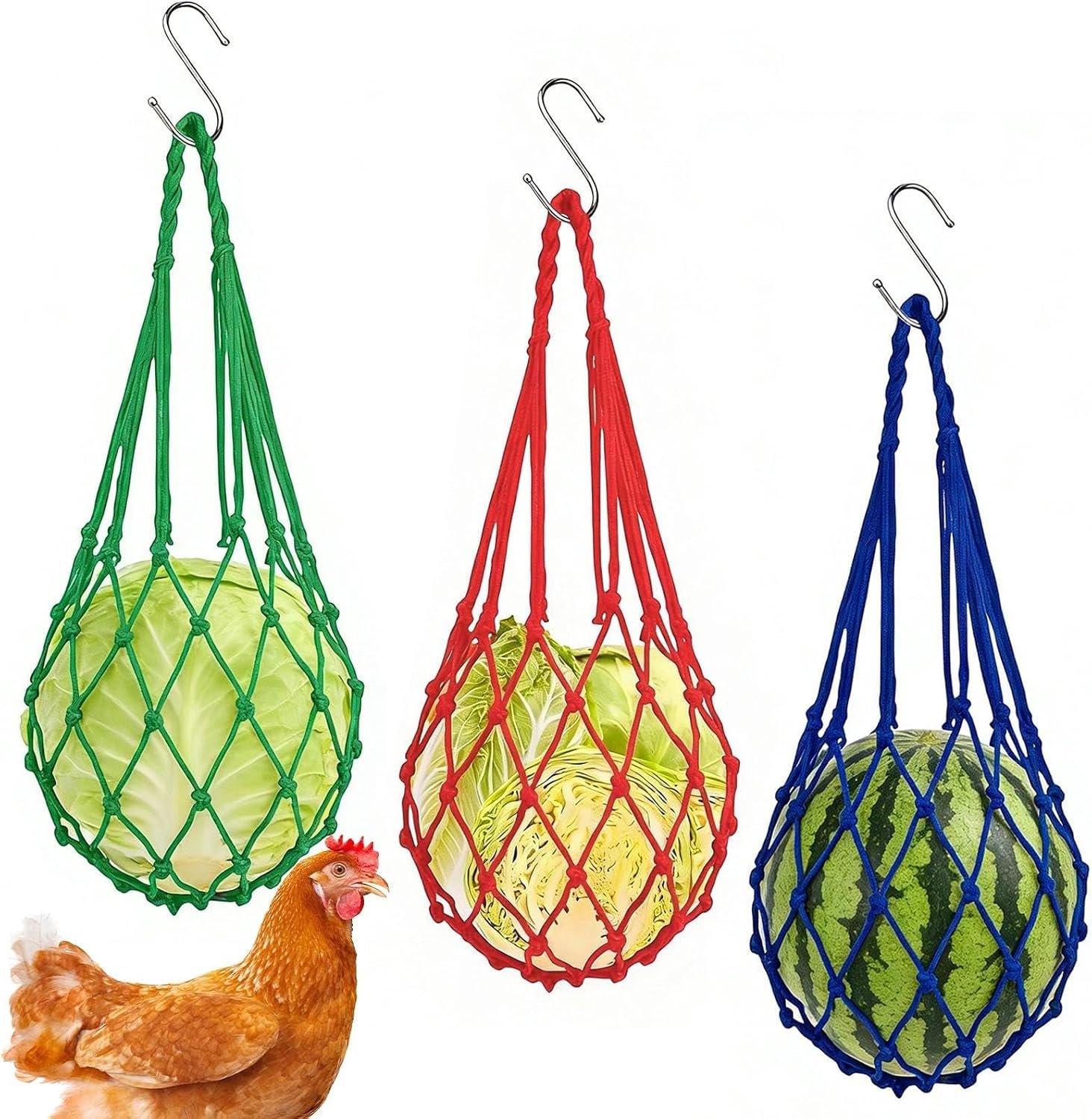 3 stuks premium voedernet voor kippen om op te hangen met haken, praktische voederautomaat voor kippenhok, hoogwaardige accessoires voor het voeren van groenten en fruit, ideaal voor eenden
