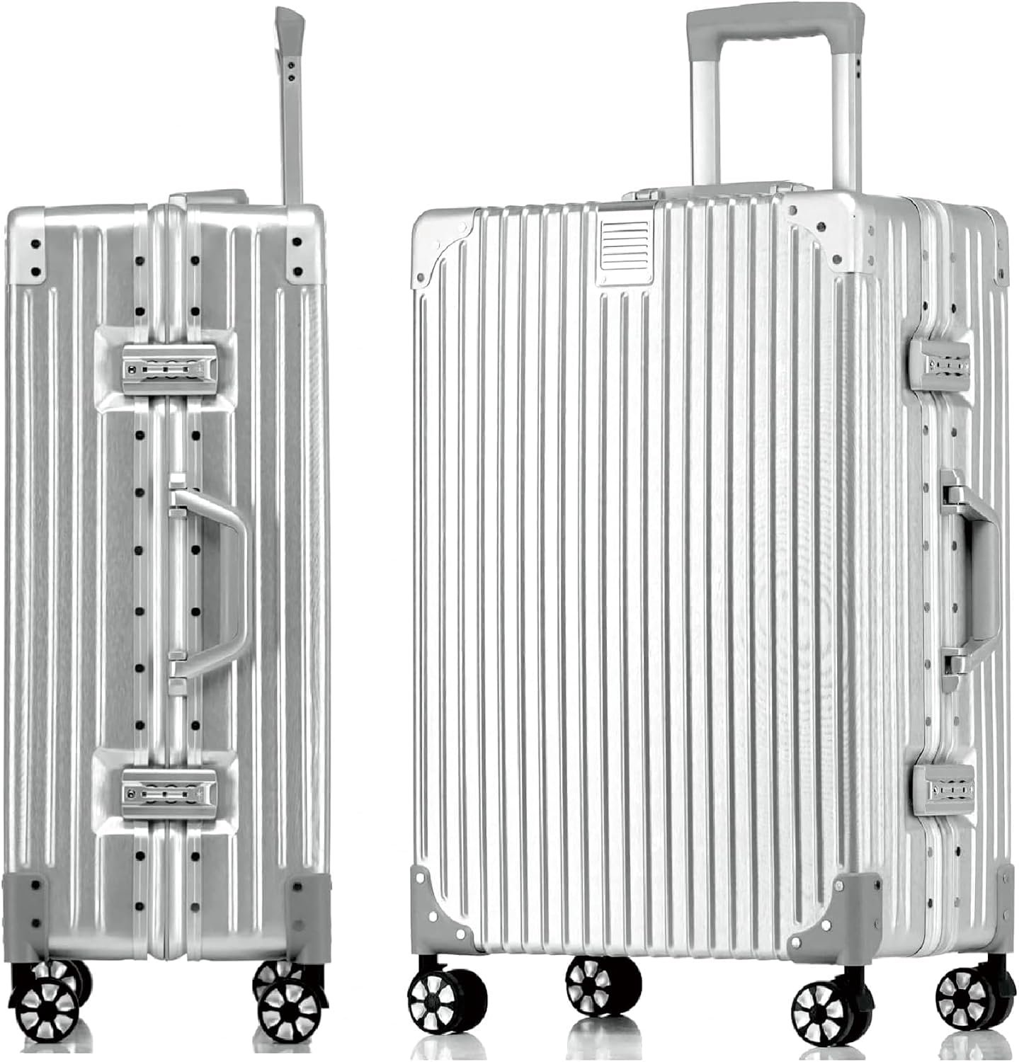 Koffer handbagage · zilver · aluminium frame · harde schaal in polycarbonaat · trolley reisbagage · reiskoffer met 4 dubbele wielen · TSA-cijferslot · XXL-77 cm