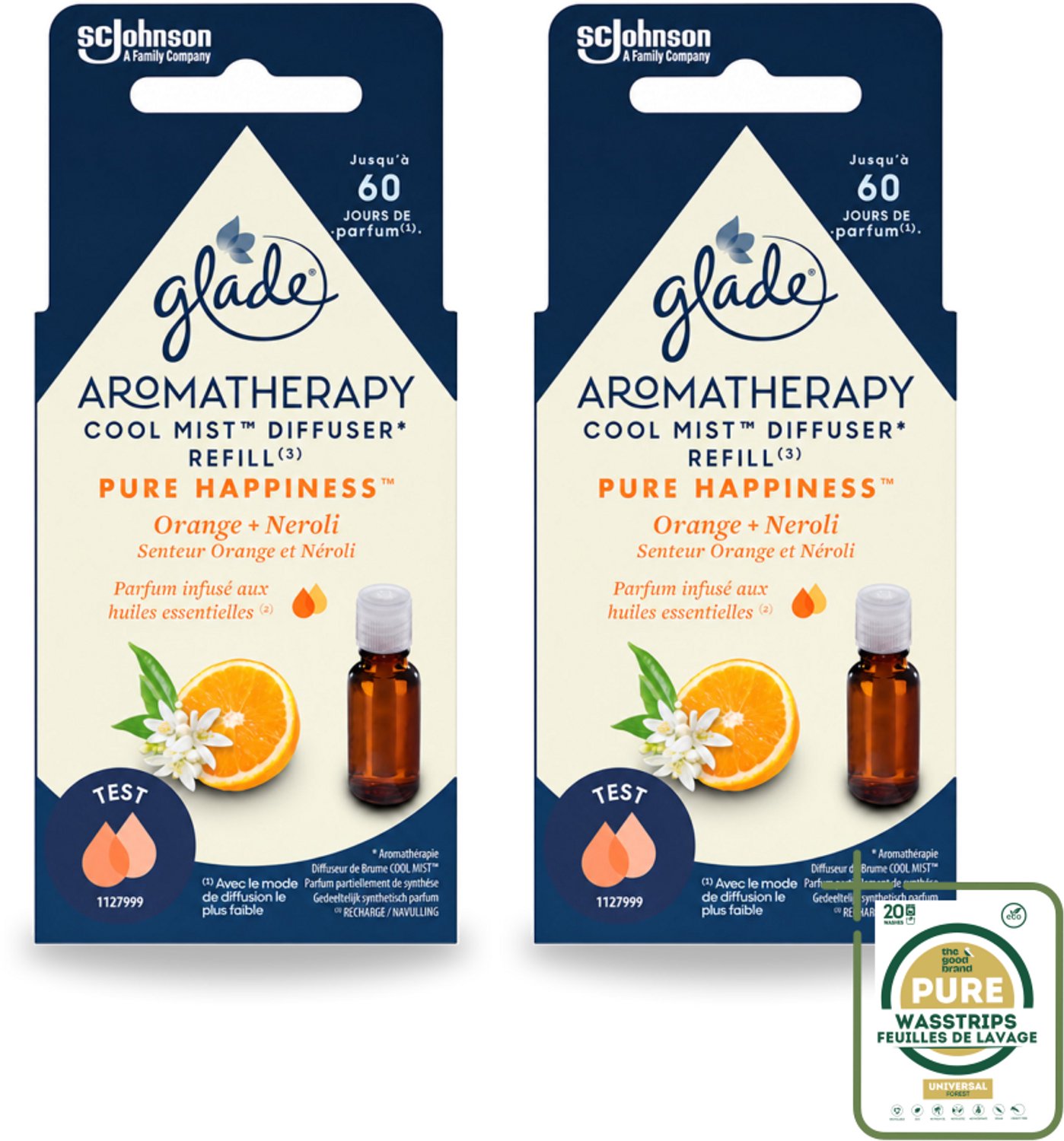 2 x Glade - Mistnavulling Pure Happiness - Aromatherapie - 17,4 ml - Wasstrips - Aromatherapie - Geurverspreiding - Luchtverfrisser - Geur - Geurboost