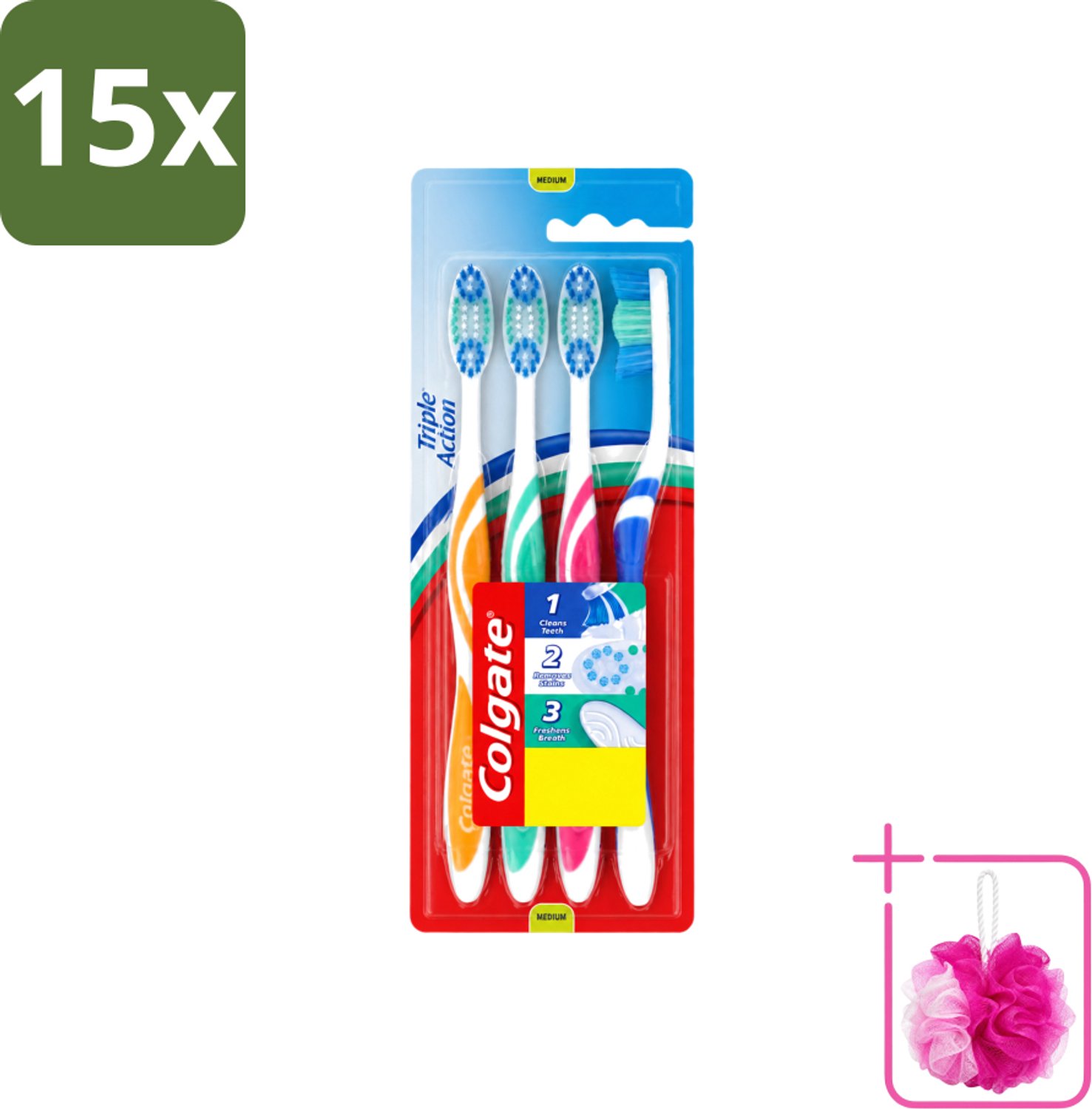 15 x Colgate - Tandenborstels - Triple Action - Medium - 4 borstels - Bulkverpakking - Tandenborstel - Douchemop - Mondhygiëne