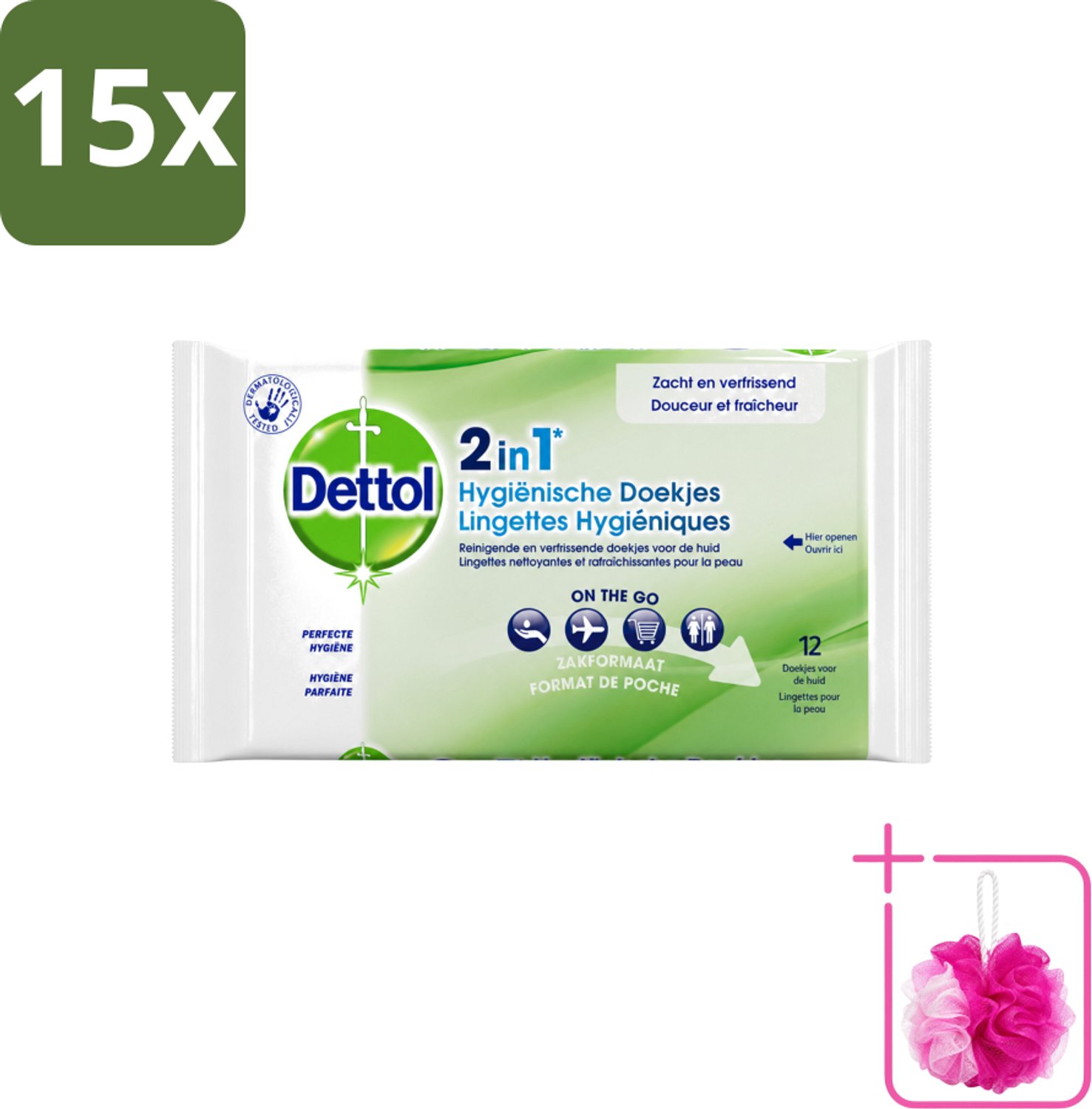15 x Dettol - Reinigingsdoekjes - 2-in-1 Reiniging & Desinfectie - On the Go - 12 Doekjes - Bulkverpakking - Hygiëne - Douchemop - Reinigen