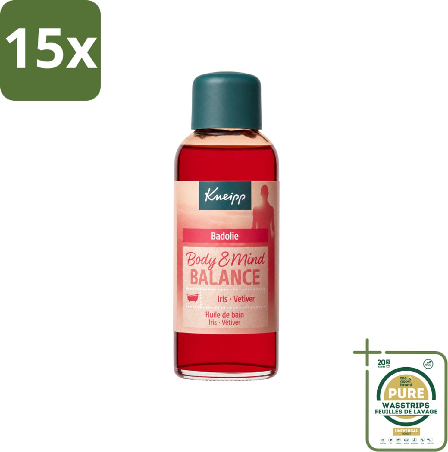 15 x Kneipp - Badolie - Body & Mind Balance - Iris & Vetiver - 100 ml - Wasstrips - Badolie - Natuurlijke Balans - Ontspanning - Energie - Self Care