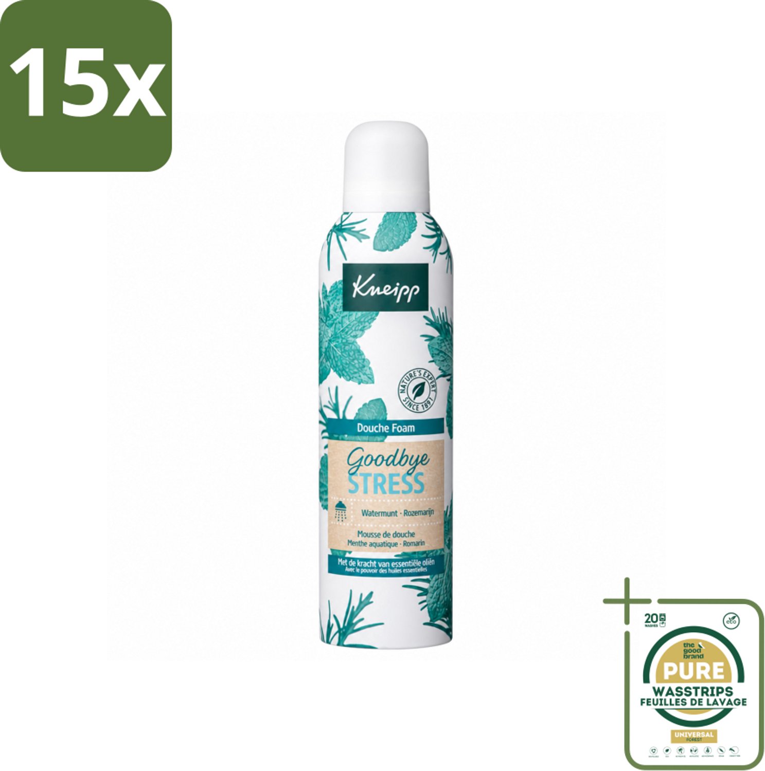 15 x Kneipp - Douche schuim - Goodbye Stress - Watermunt & Rozemarijn - 200 ml - Wasstrips - Douche Schuim - Stress Verlichten - Natuurlijke Geur - Verfrissend Schuim - Huid Verzorging