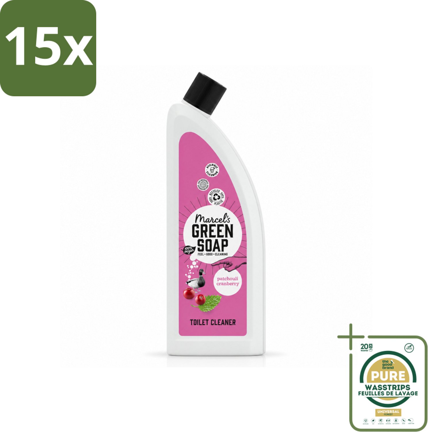 15 x Marcel's Green Soap - Toiletreiniger - Patchouli & Cranberry - Krachtige frisheid - Wasstrips - Toiletreiniger - Milieuvriendelijk Reinigen - Natuurlijke Toiletreiniger - Vegan Toilet Reiniger - Patchouli Geur
