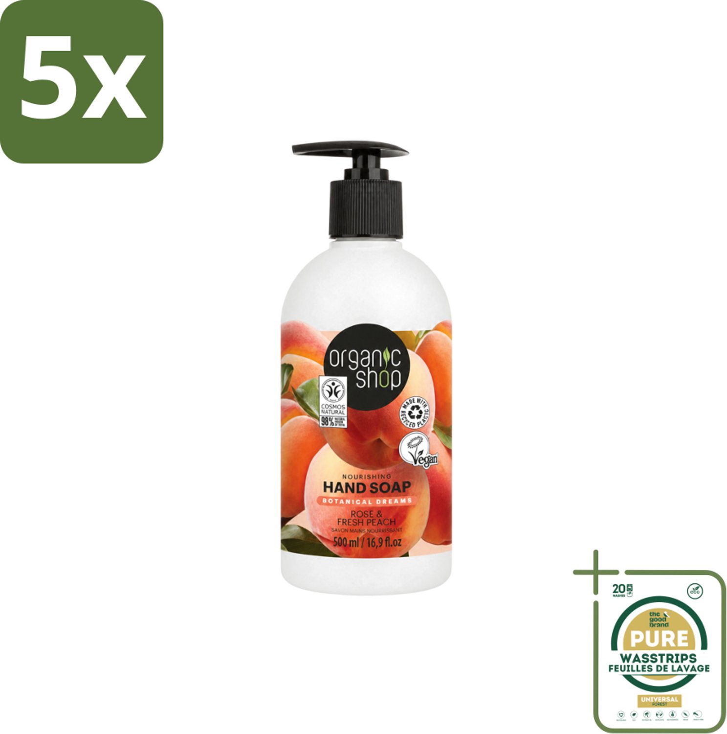5 x Organic Shop - Handzeep Rose & Peach - Verzorgend en Hydraterend - 500 ml - Wasstrips - Handzeep - Natuurlijke Handzeep - Handverzorging - Handhydrieren - Handcrème