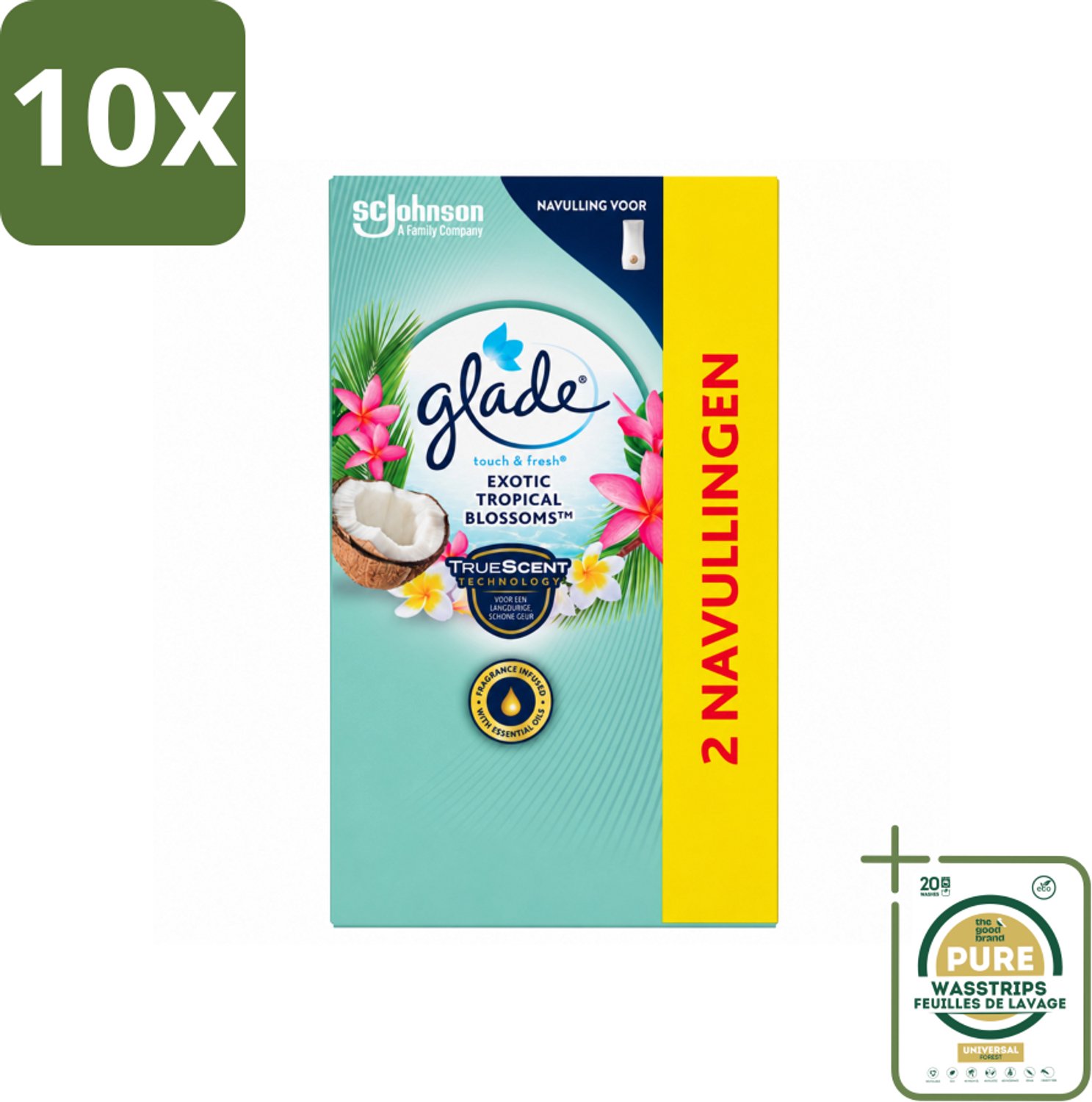 10 x Glade - Touch & Fresh - Exotic Tropical Blossoms - 2x 10 ml - Wasstrips - Luchtverfrisser - Geur - Geurbeleving - Frisheid - Geur In Huis