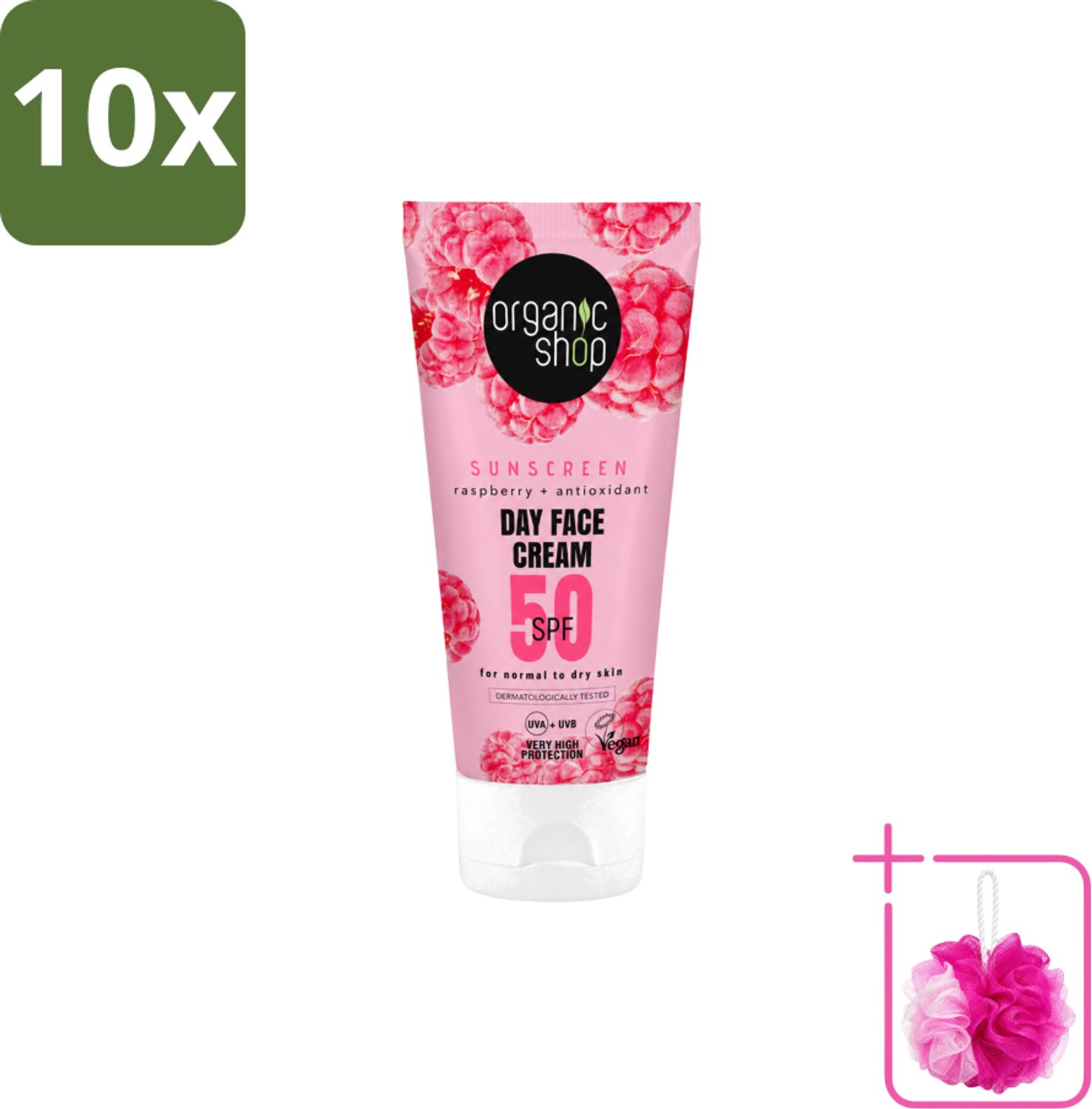 10 x Organic Shop - Zonnebrandcrème Gezicht SPF 50 - Normale Huid - 50 ml - Bulkverpakking - Zonbescherming gezicht - Douchemop - SPF 50