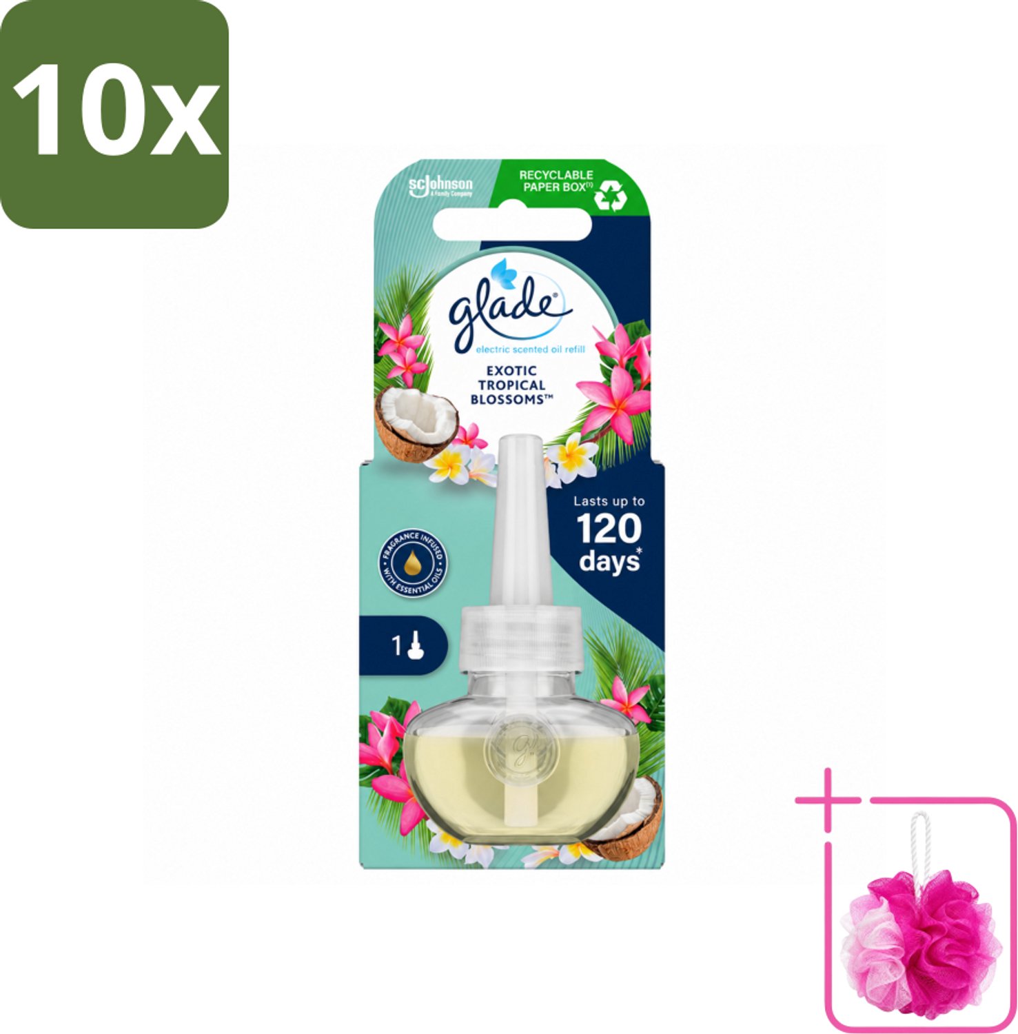 10 x Glade - Navulling Elektrische Olie - Exotic Tropical Blossoms - Zonder Houder - Bulkverpakking - Tropische geur - Douchemop - Monoi olie
