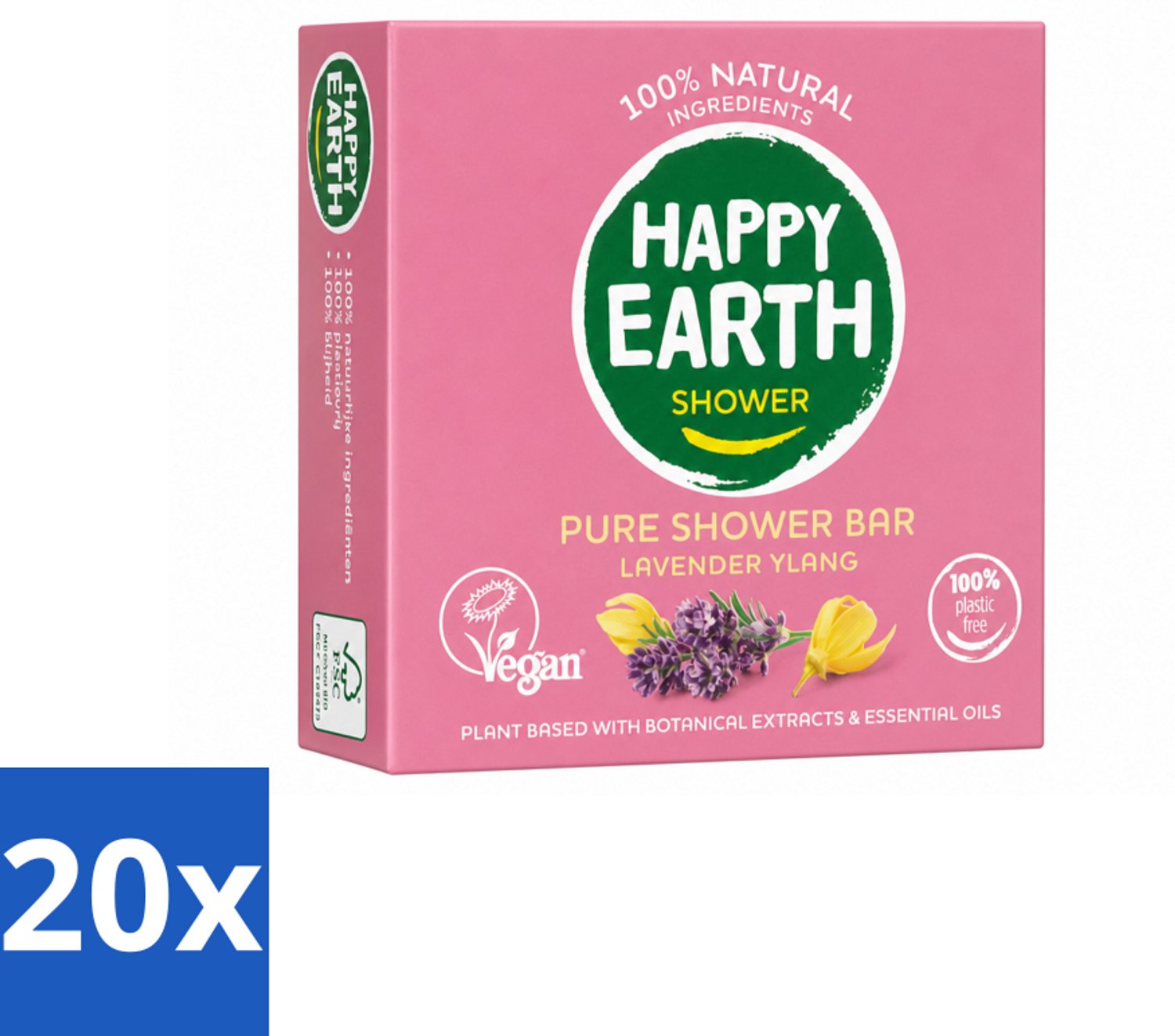 20 x Happy Earth – Shower Bar – 100% Natuurlijk Lavender Ylang – 90 g - Voordeelverpakking - 20 stuks