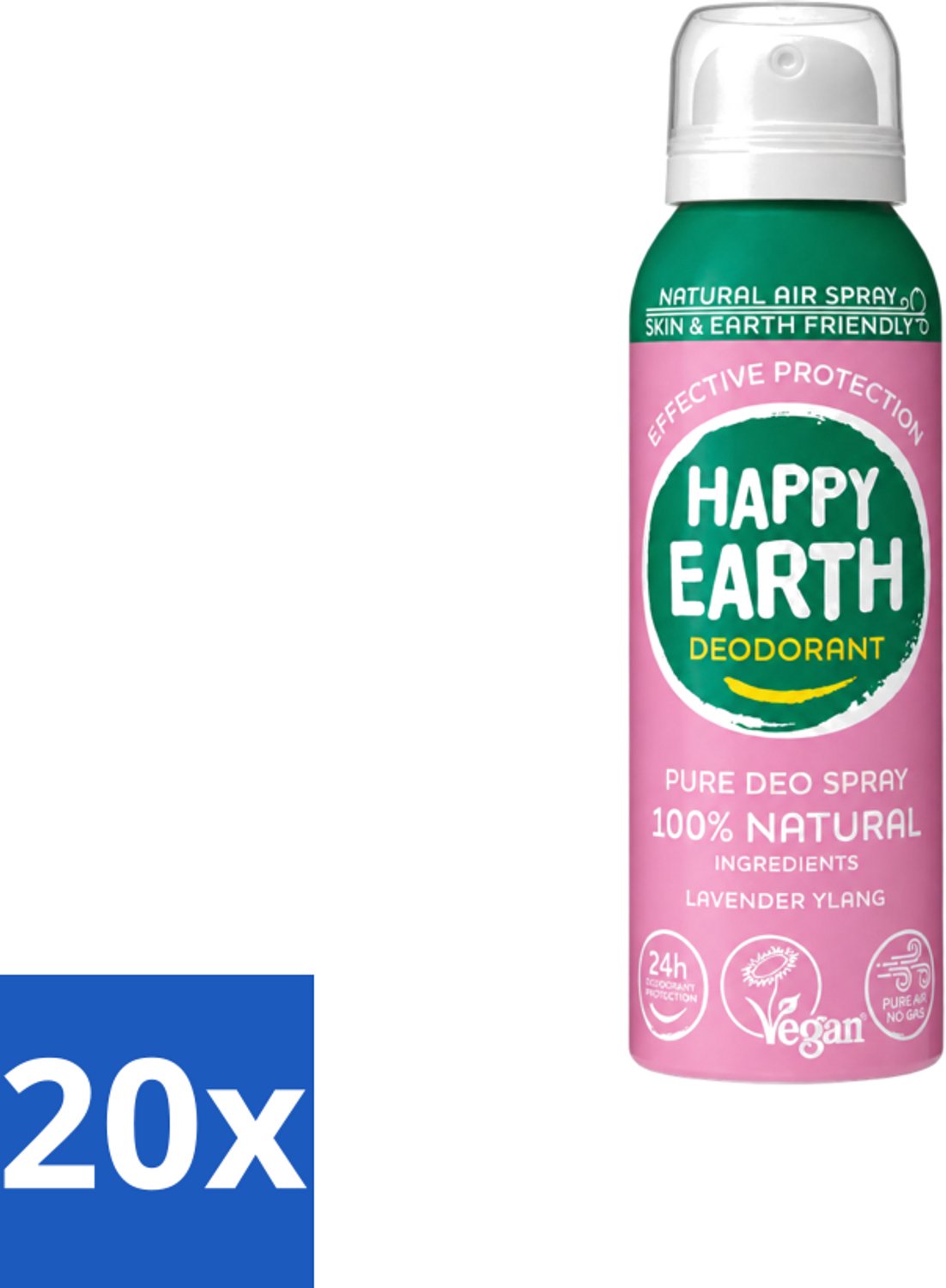 20 x Happy Earth – Deodorant Spray – 100% Natuurlijk Lavender Ylang – 100 ml - Voordeelverpakking - 20 stuks