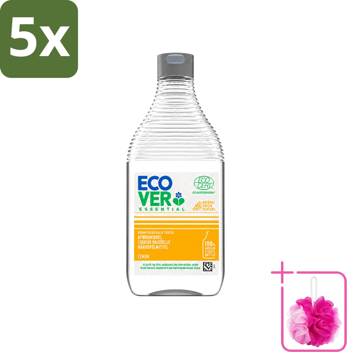 5 x Ecover - Afwasmiddel Essential - Citroen - 450 ml - Bulkverpakking - Afwasmiddel citroen - Douchemop - Plantaardig afwasmiddel