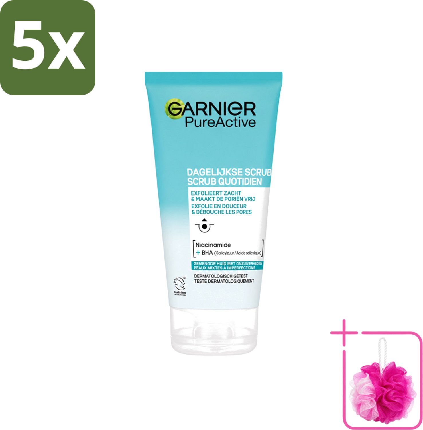 5 x Garnier - Pure Active - Dagelijkse Scrub - Niacinamide & BHA - Exfolieert & Reinigt Poriën - 150 ml - Bulkverpakking - Exfoliatie - Douchemop - Reinigen
