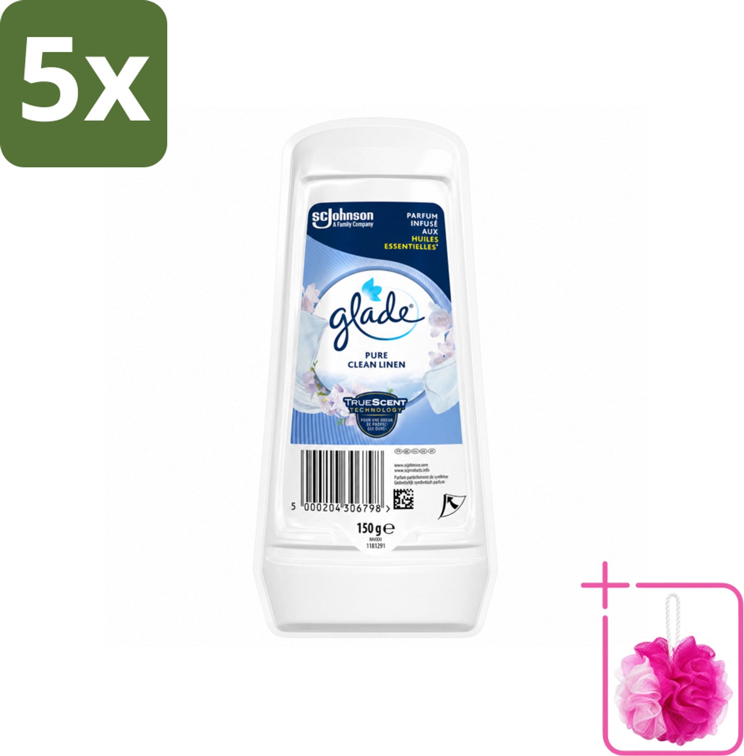 5 x Glade - Gel - Pure Clean Linen - 150 g - Bulkverpakking - Luchtverfrisser - Douchemop - Linnengeur