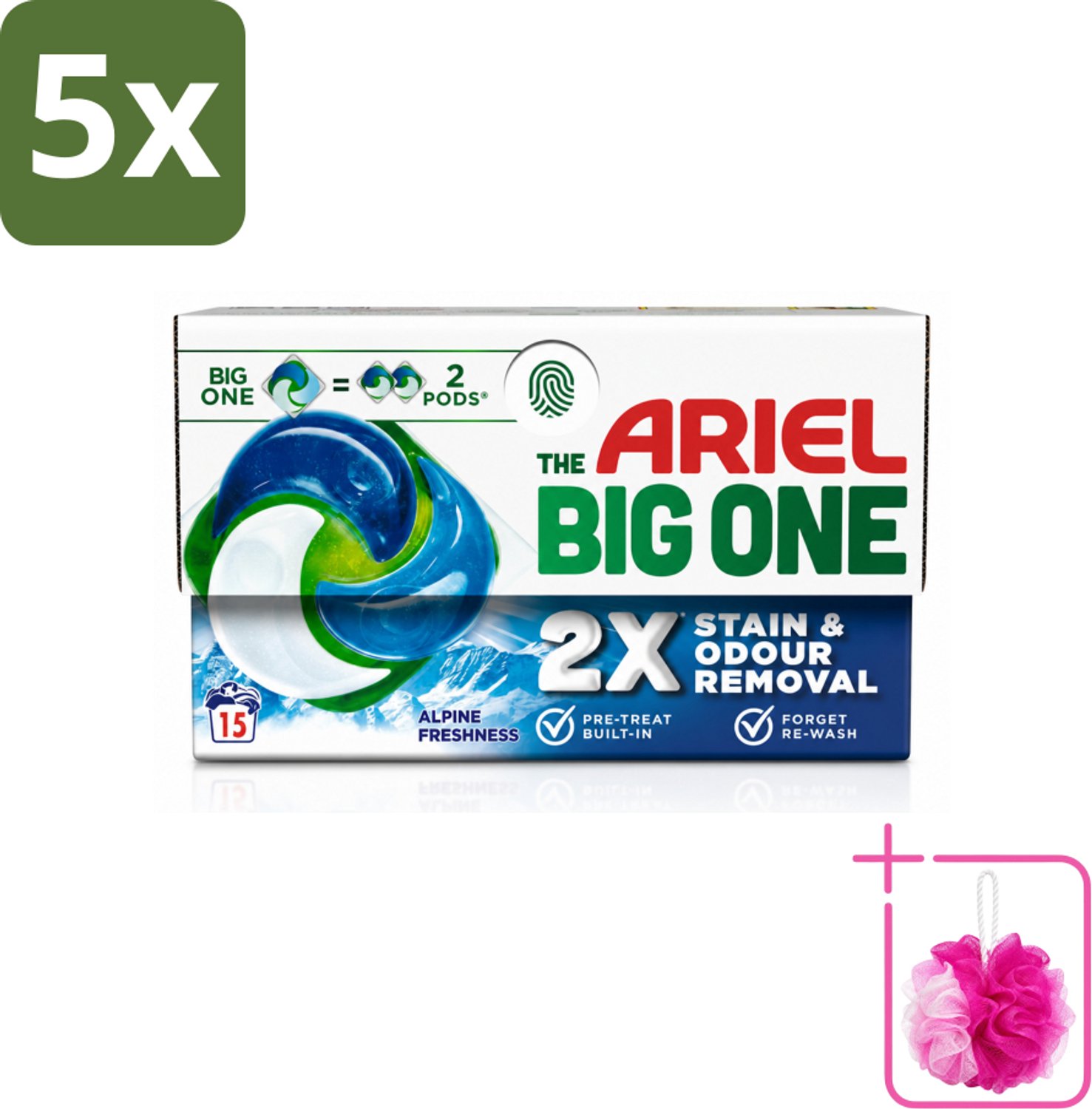 5 x Ariel - 3in1 Wasmiddel Pods - The Big One - Alpine - 15 Pods - Bulkverpakking - Wasmiddel - Douchemop - Wasmiddelpod