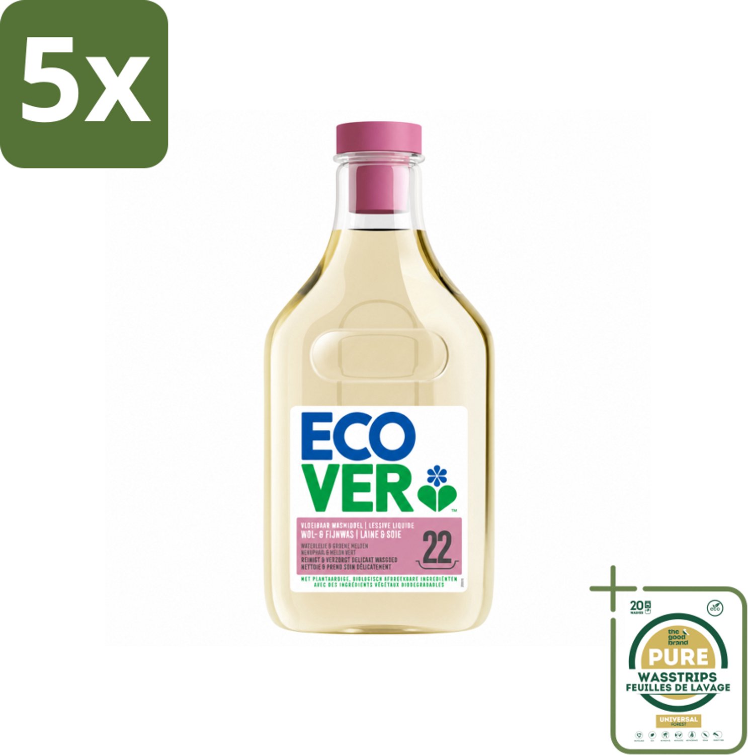 5 x Ecover - Vloeibaar wasmiddel - Wol & Fijnwas - 1 liter - 22 wasbeurten - Wasstrips - Wasmiddel Wol - Fijne Was - Zachte Was - Biologisch Afbreekbaar - Ecover