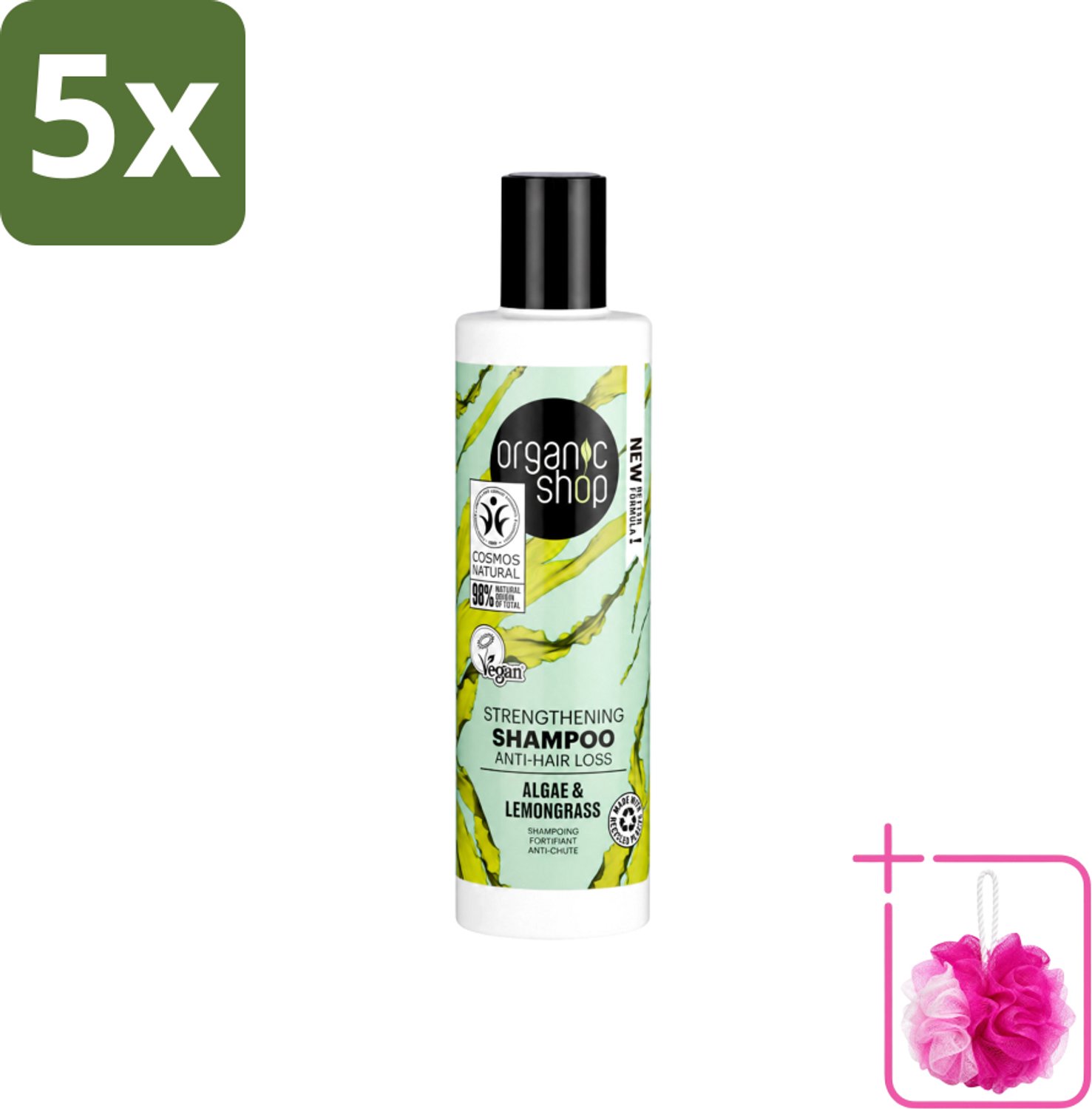 5 x Organic Shop - Algae & Lemongrass Strengthening Shampoo - Versterkend en Herstellend - 280 ml - Bulkverpakking - Haarversterking - Douchemop - Haaruitval