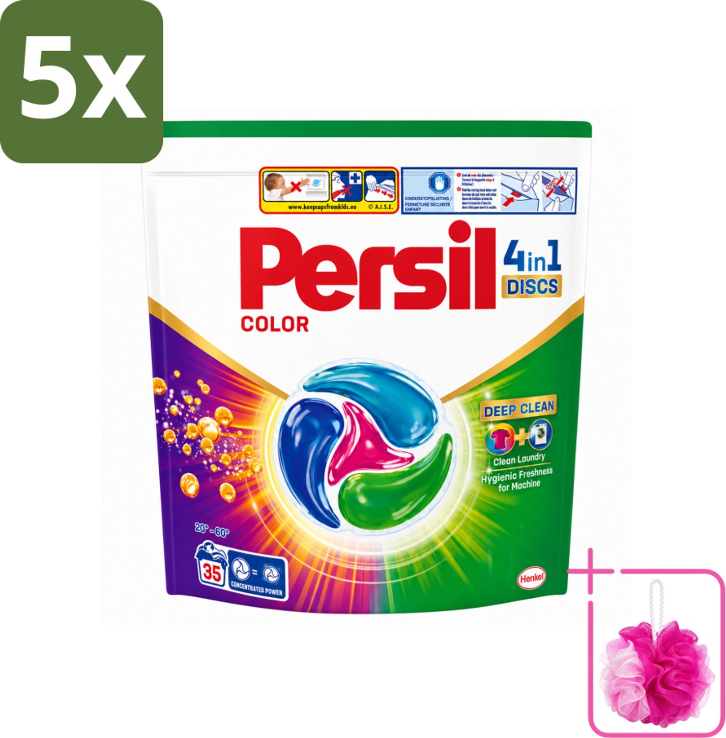 5 x Persil - Wasmiddel - Discs Color - Voor Gekleurde Was - Krachtige Vlekverwijdering - 35 wasbeurten - Bulkverpakking - Wasdiscs - Douchemop - Kleurbescherming