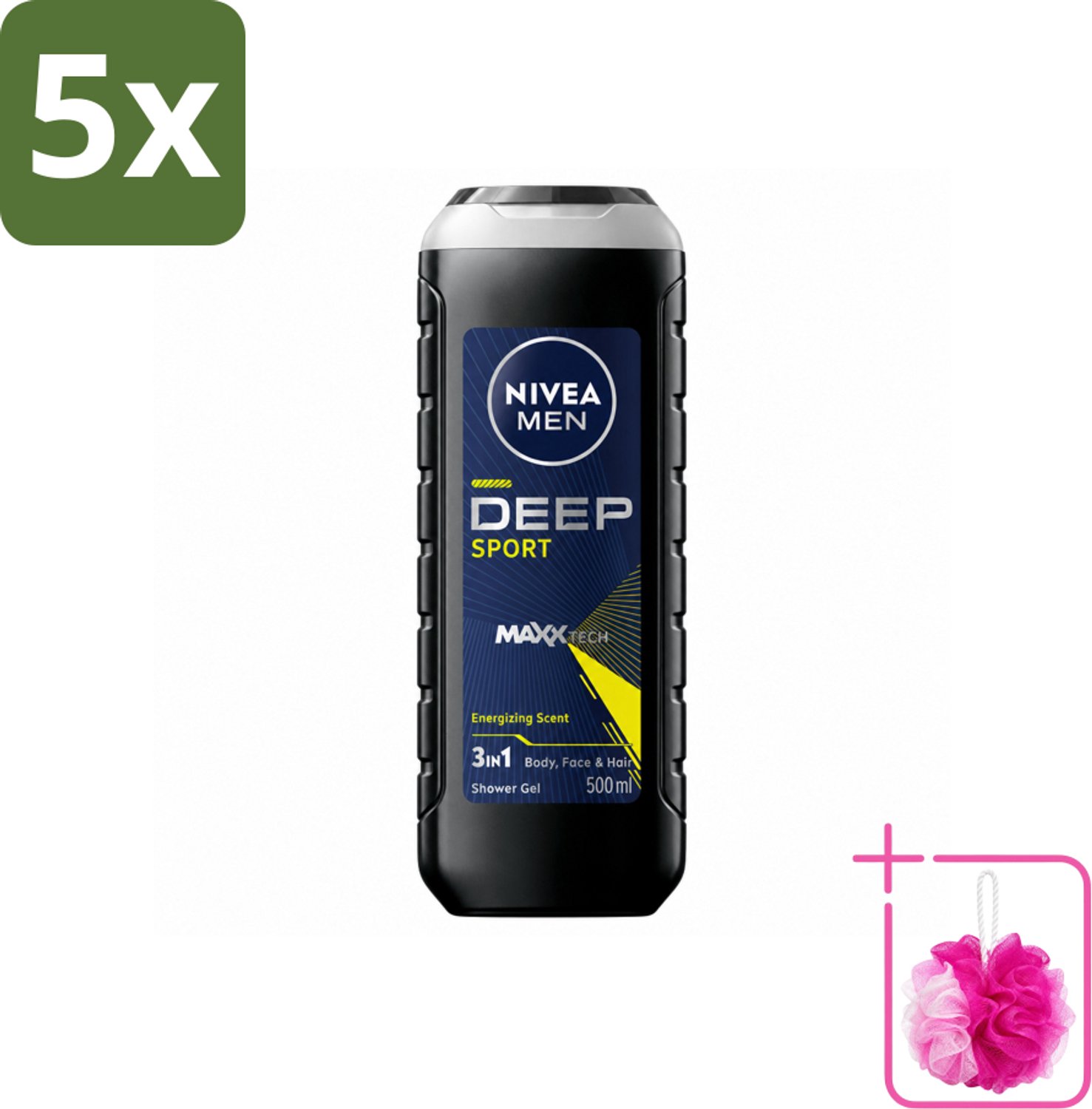 5 x NIVEA MEN - Douchegel - Deep Sport - 500 ml - Bulkverpakking - Sportdouchegel - Douchemop - Mannelijke douchegel